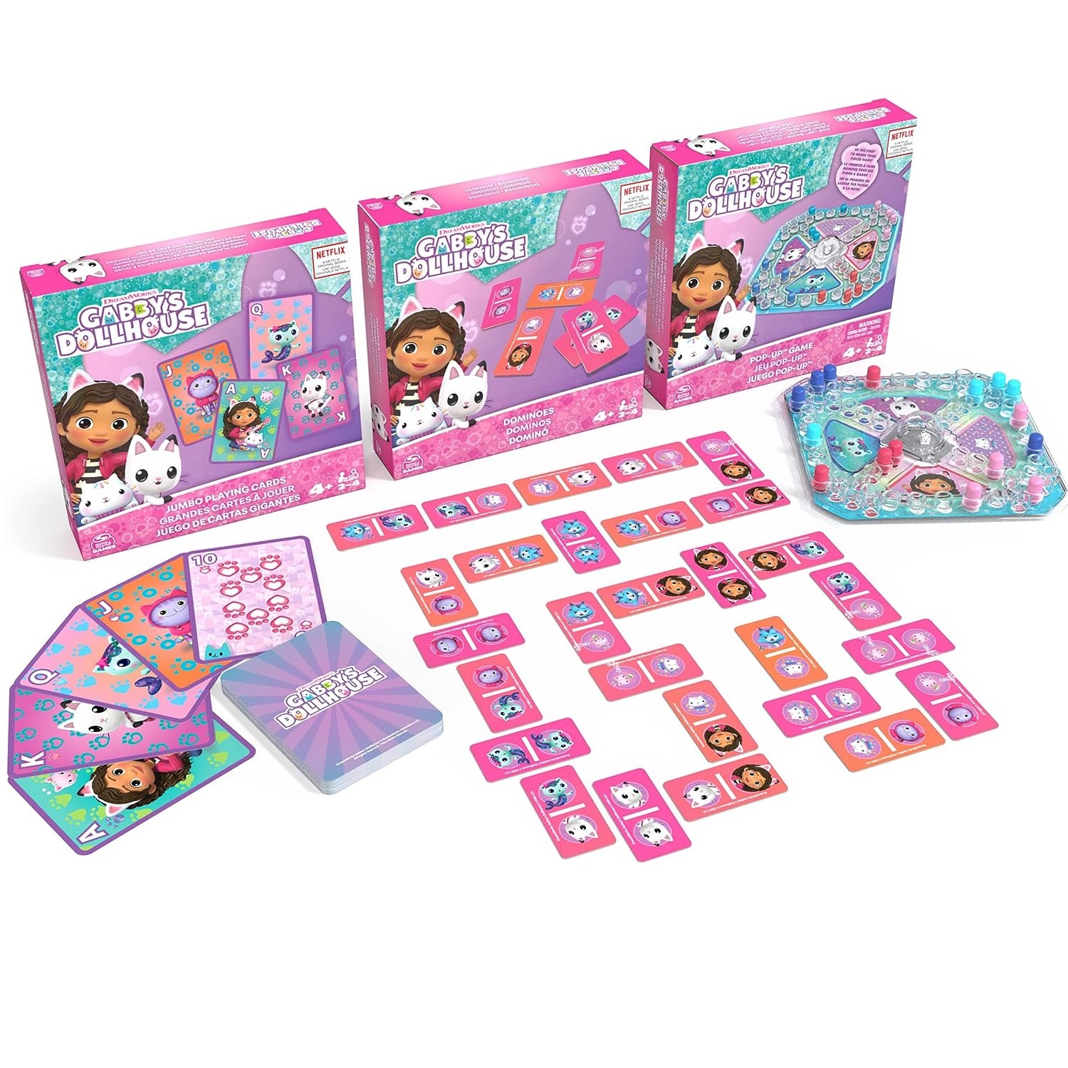 Spin Master Tres Juegos de Mesa de Gabby y la casa de Muñecos: Domino, Cartas y Pop-Up