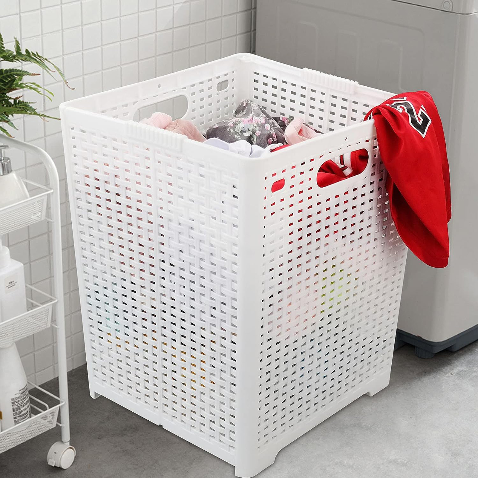 Cesta plegable plástica con diseño de ratán. Canasta de lavandería grande fácil de guardar, con patas y asas. (Blanco)