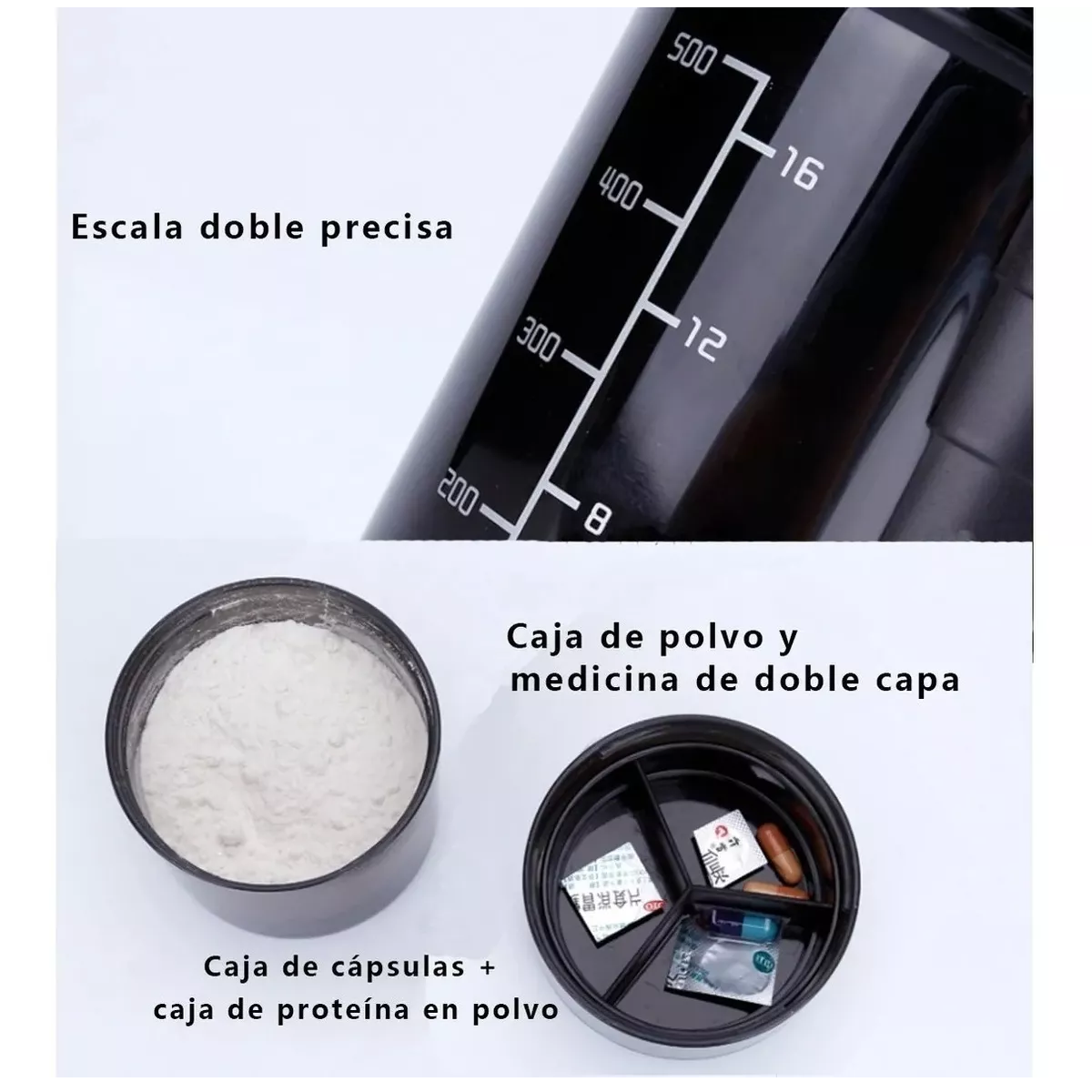 Vaso Mezclador Shaker Pastillero Separadores Proteina Gym Trannsparente