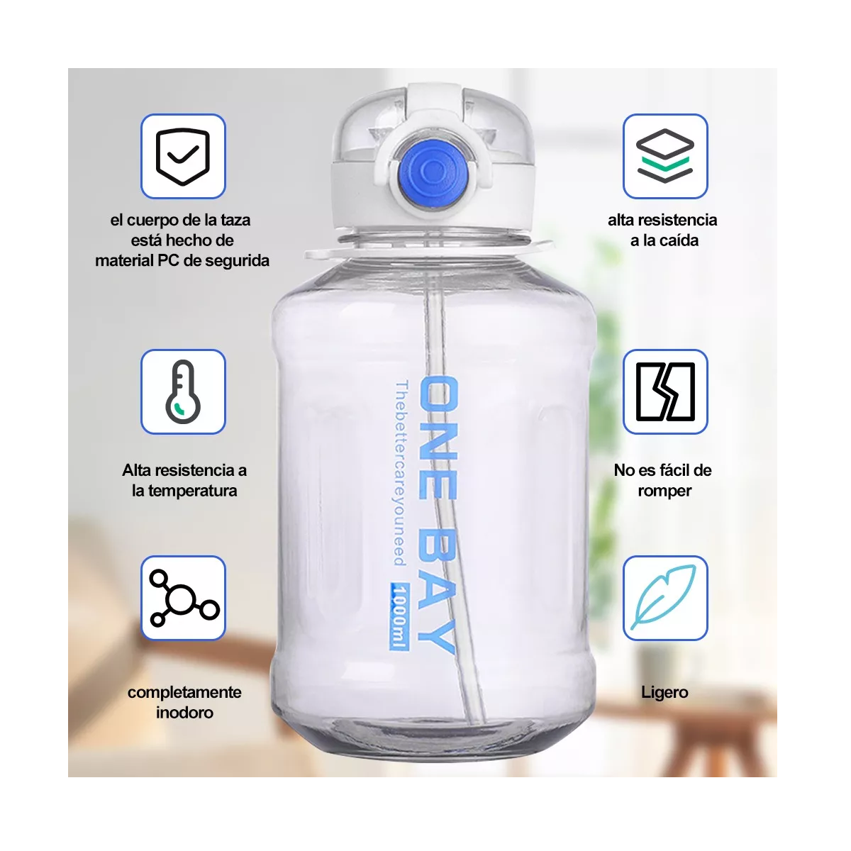 Botellas de agua, botella de agua transparente de 1 litro con marcas de  tiempo de pajilla, degradado de mármol azul grande, para deportes,  gimnasio