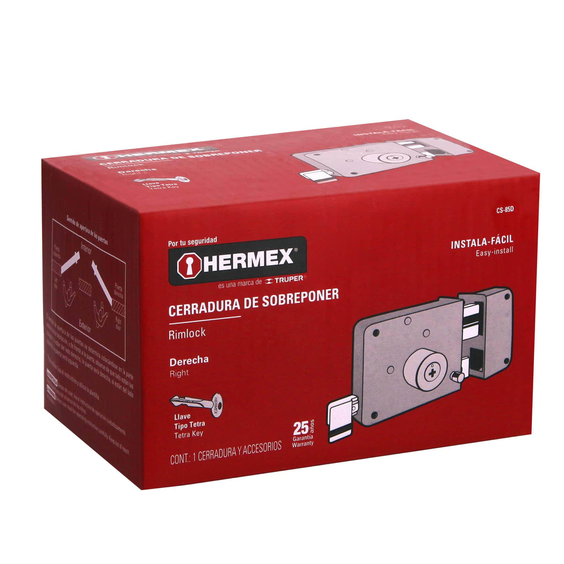 CERRADURA SOBREPONER DE INSTALA-FÁCIL, LLAVE TETRA, CAJA HERMEX 43578