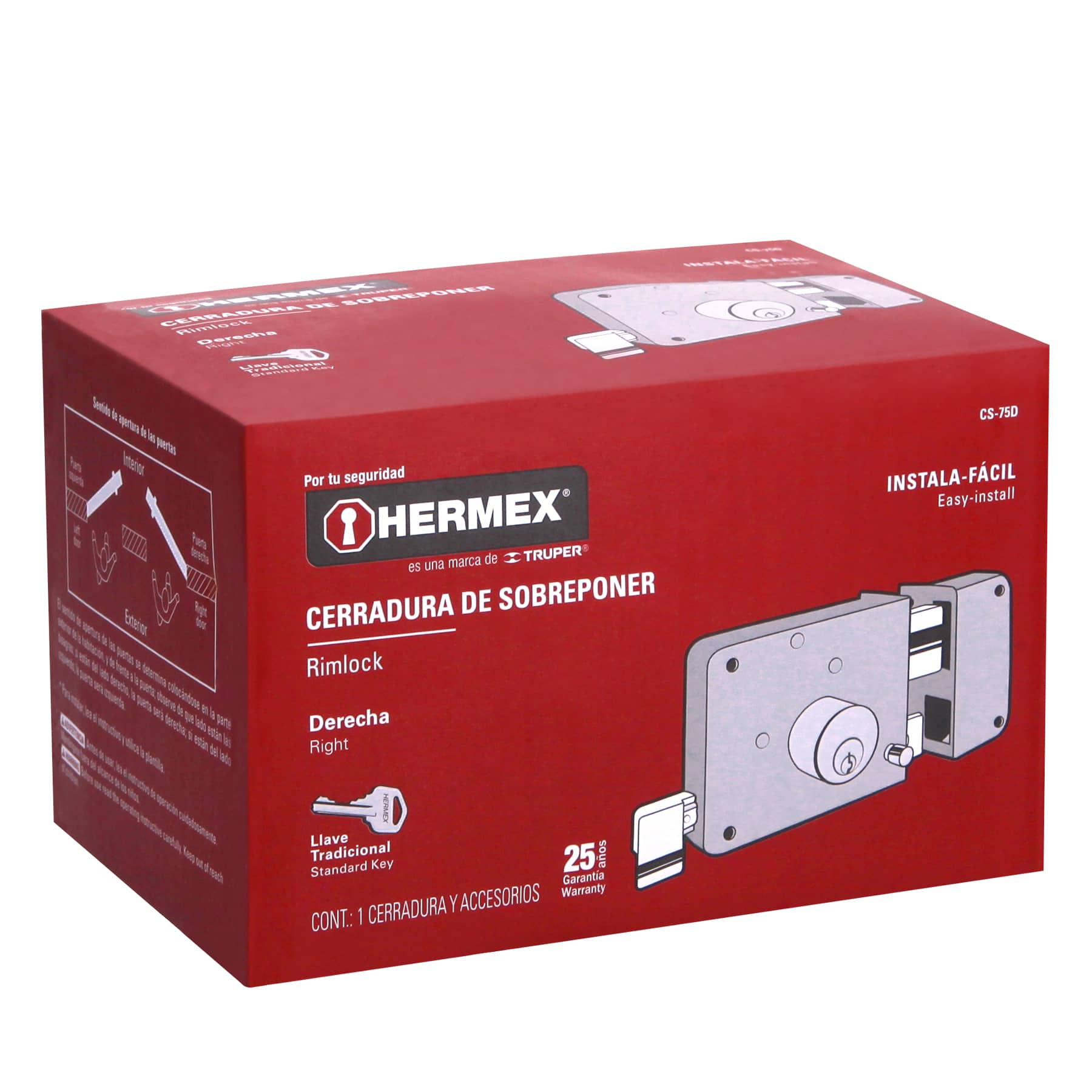 CERRADURA SOBREPONER DER INSTALA-FÁCIL, TRADICIONAL, CAJA HERMEX 43576
