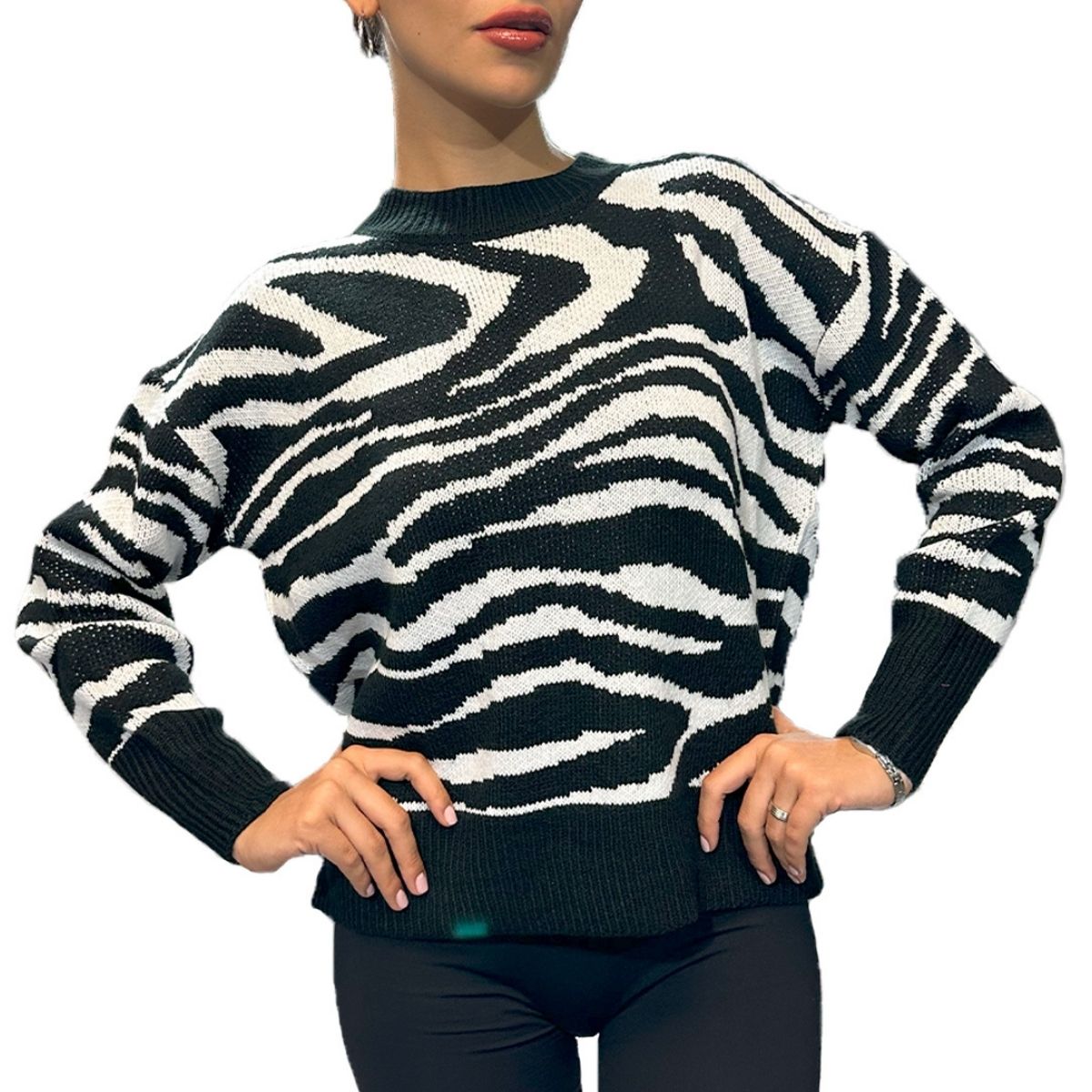 Suéter Cebra Holgado De Punto Con Cuello Redondo Para Mujer
