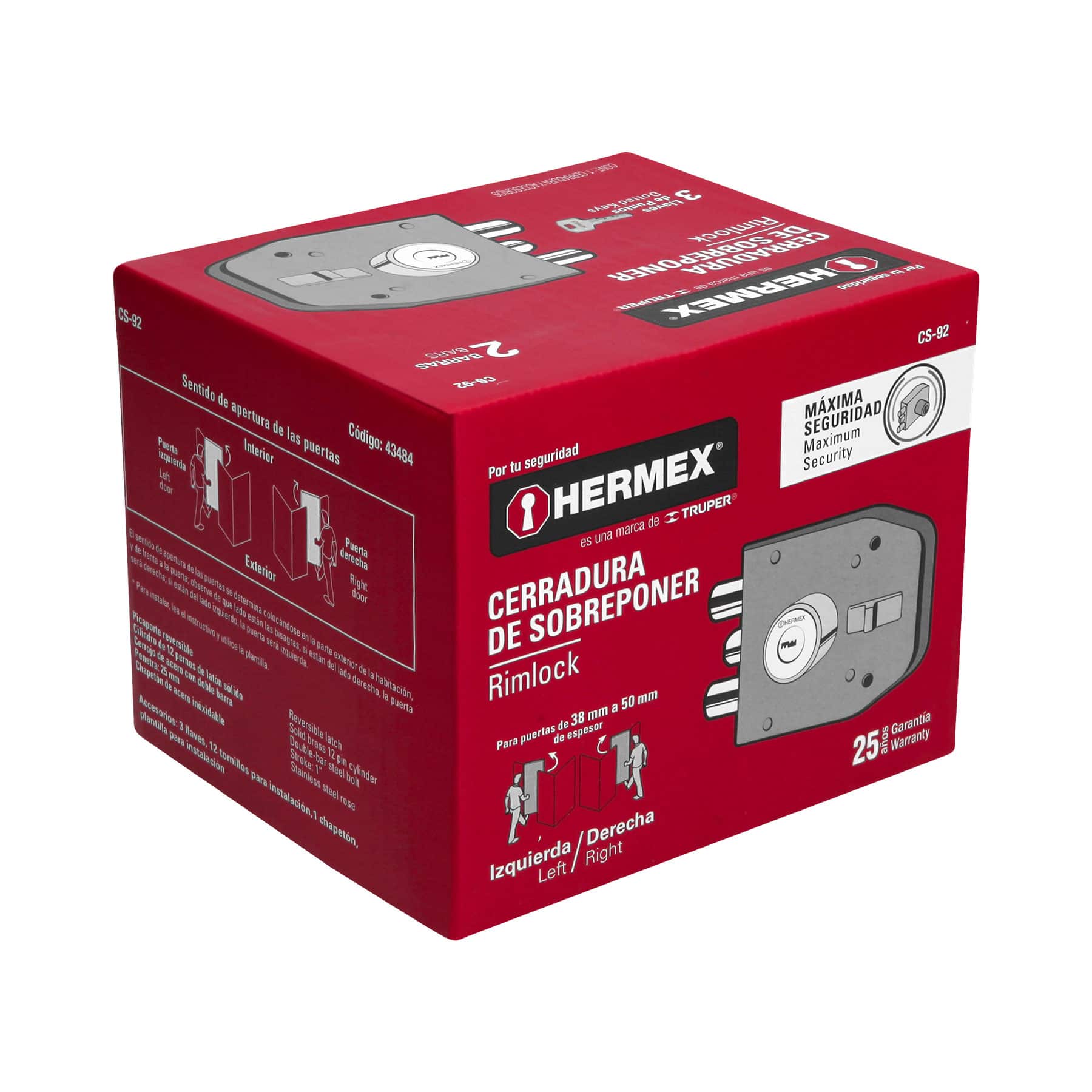 CERRADURA DE SOBREPONER 2 BARRAS INSTALA-FÁCIL, LLAVE PUNTOS HERMEX 43484