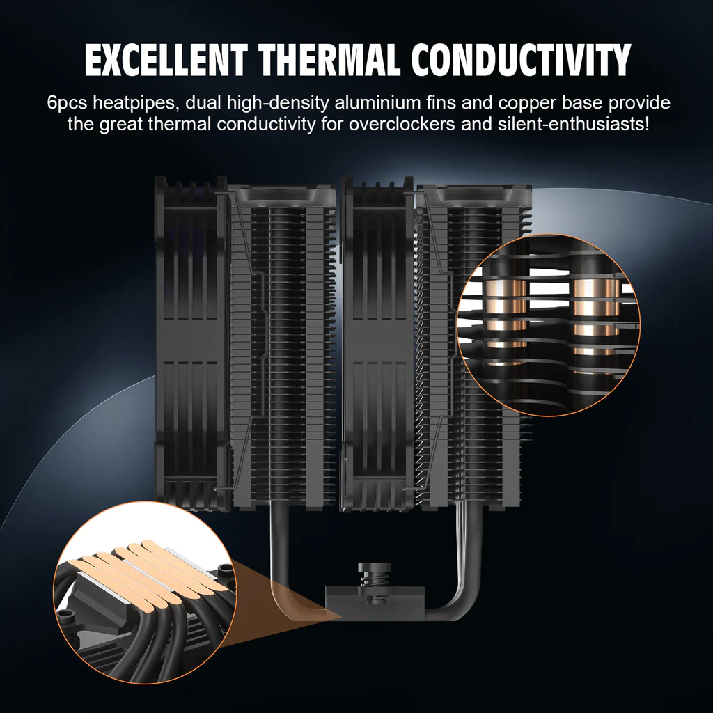 Disipador CPU Vetroo U6PRO, 120mm, 1500RPM, color negro 