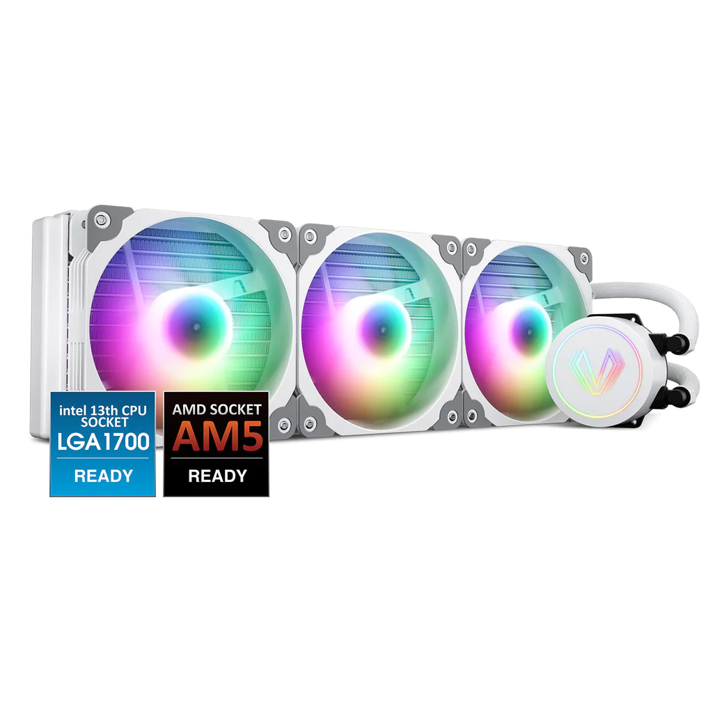 Vetroo V360 Enfriador líquido de CPU blanco, 3 ventiladores RGB y PWM direccionables de 4.724 in, radiador de 14.173 in, enfriador de agua,