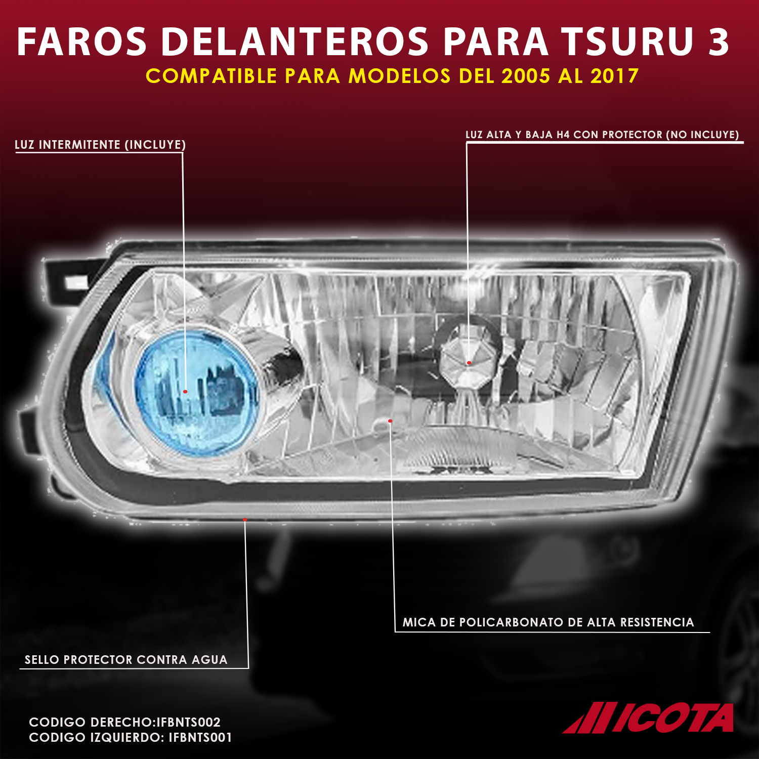 Par 2 Faros Delanteros Para Nissan Tsuru 3 Izquierdo Y Derecho del 2005 al 2017 Ojo Azul