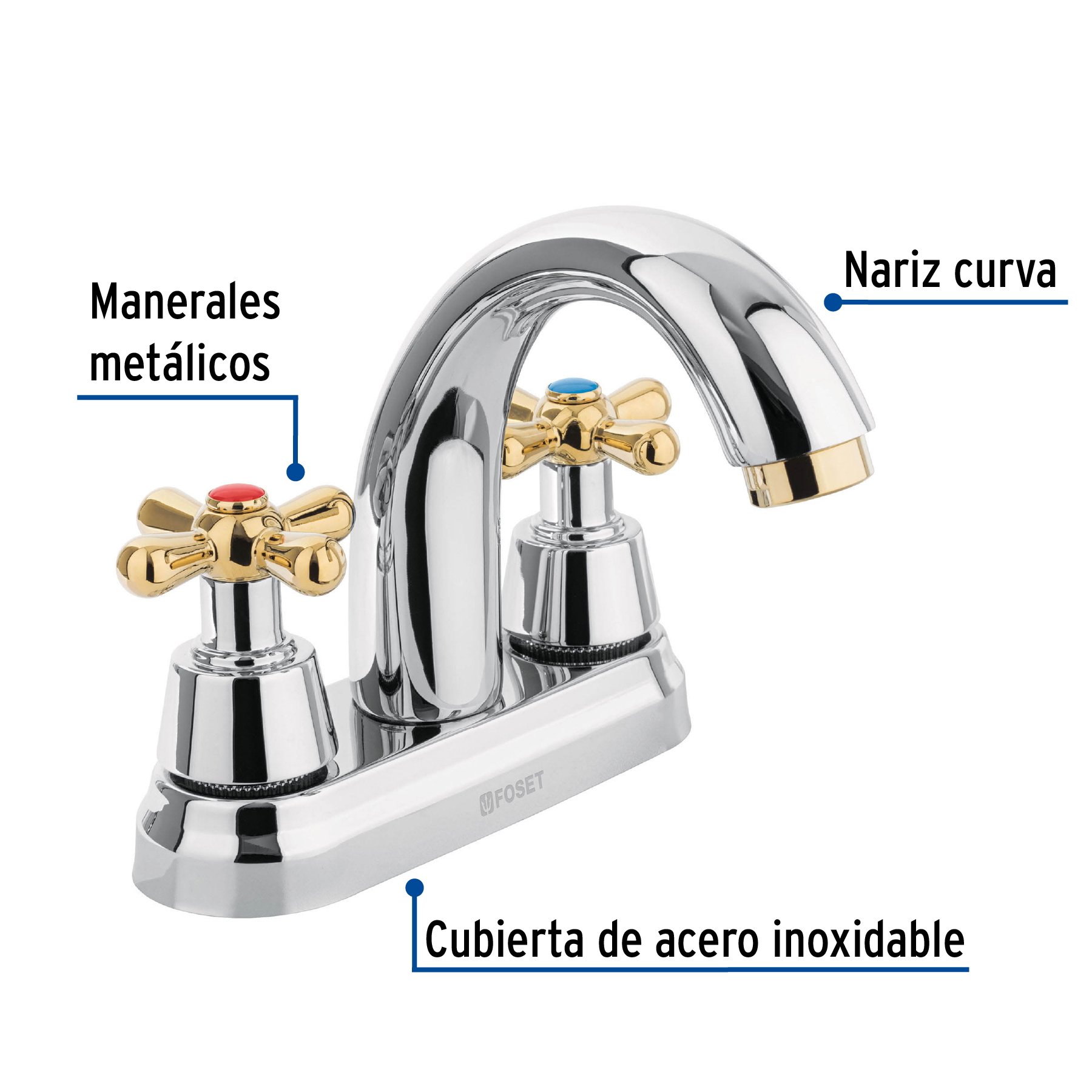 MEZCLADORA CROMO-ORO 4" P/LAVABO, NARIZ CURVA, CRUCETA, FOSET 45355