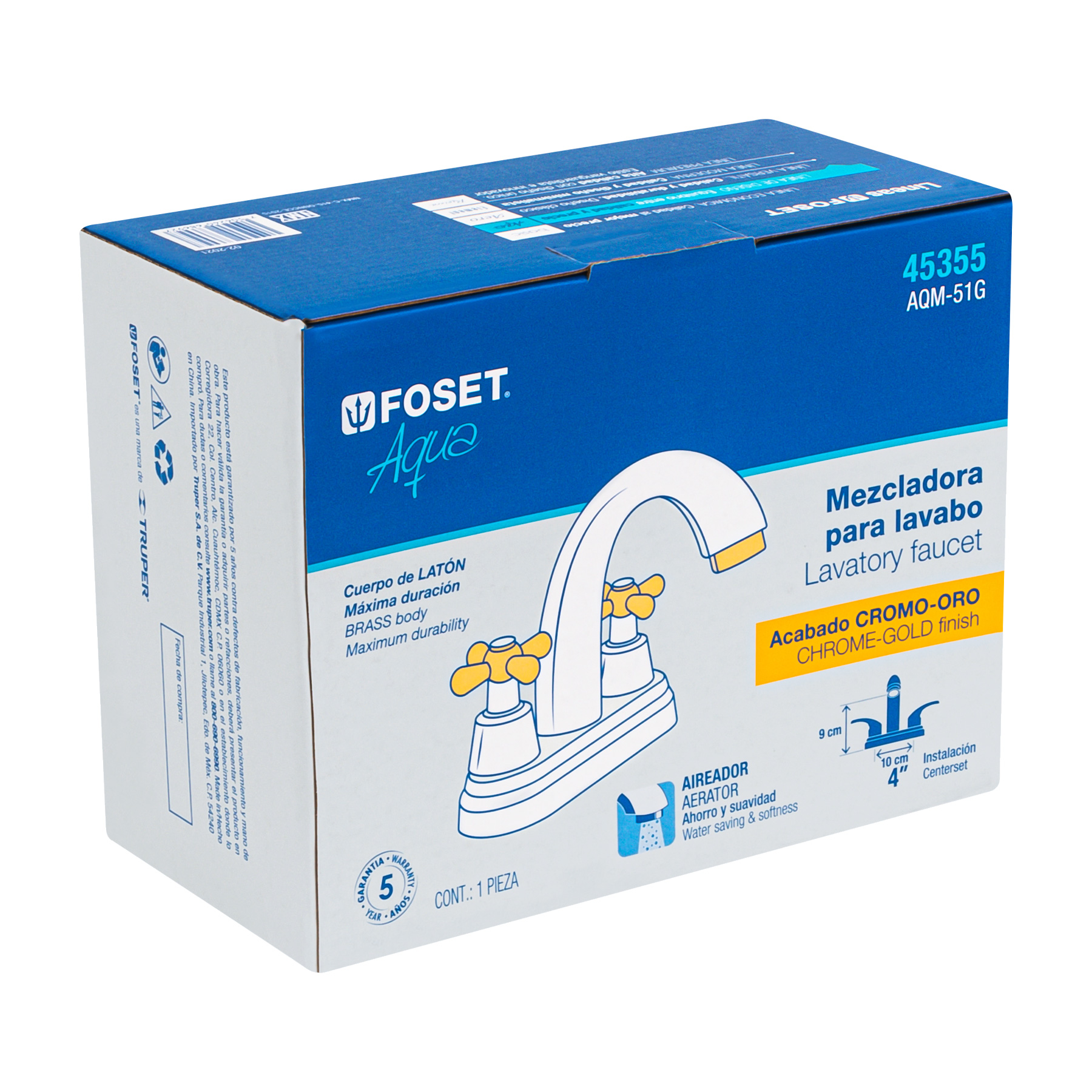 MEZCLADORA CROMO-ORO 4" P/LAVABO, NARIZ CURVA, CRUCETA, FOSET 45355