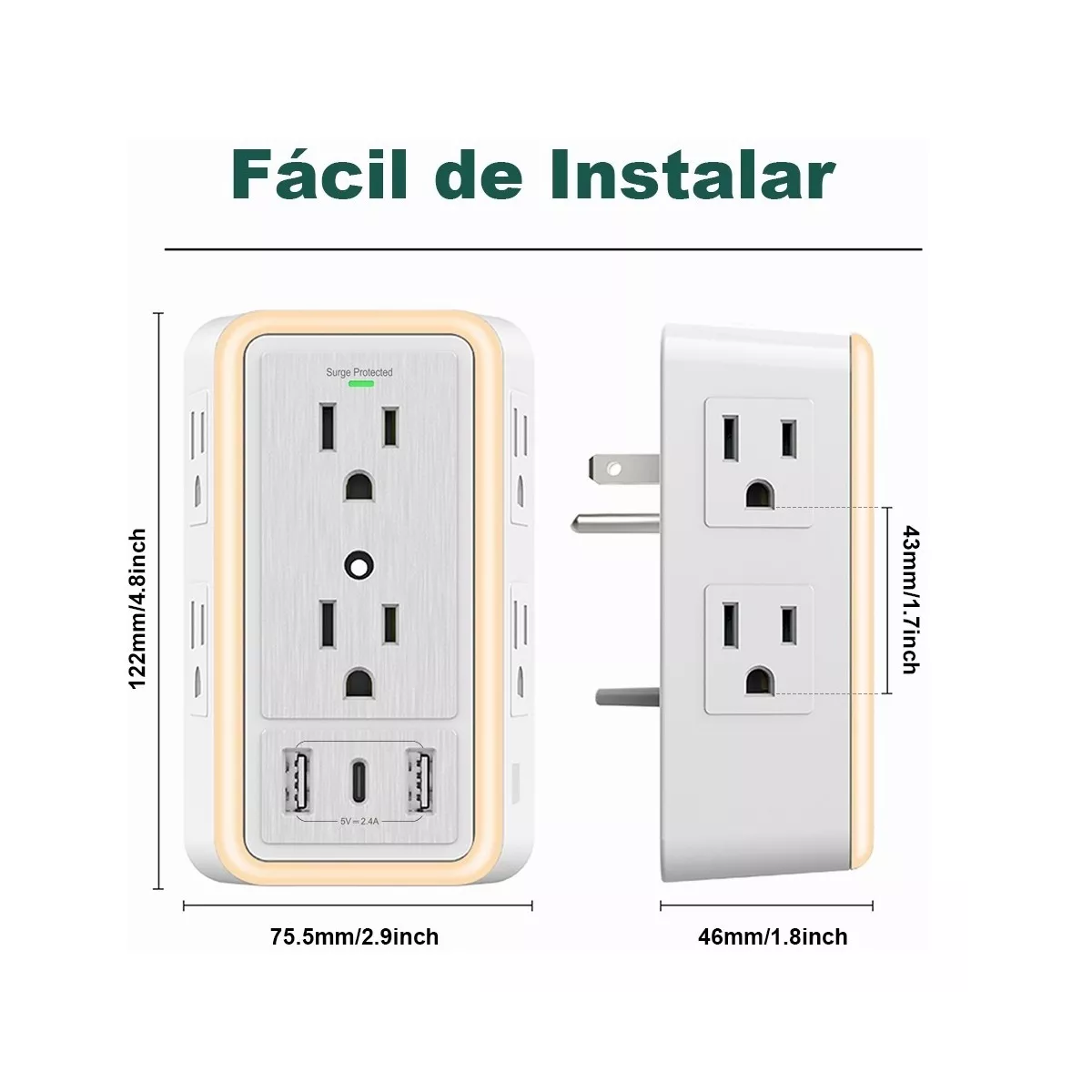 Regleta Enchufe Con 6 Enchufes Ca Y 3 Usb +1 Type-c