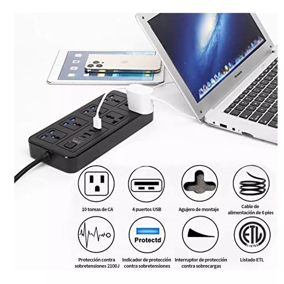 Regulador Electrico Multicontactos Extension 6 Salidas 4 Usb