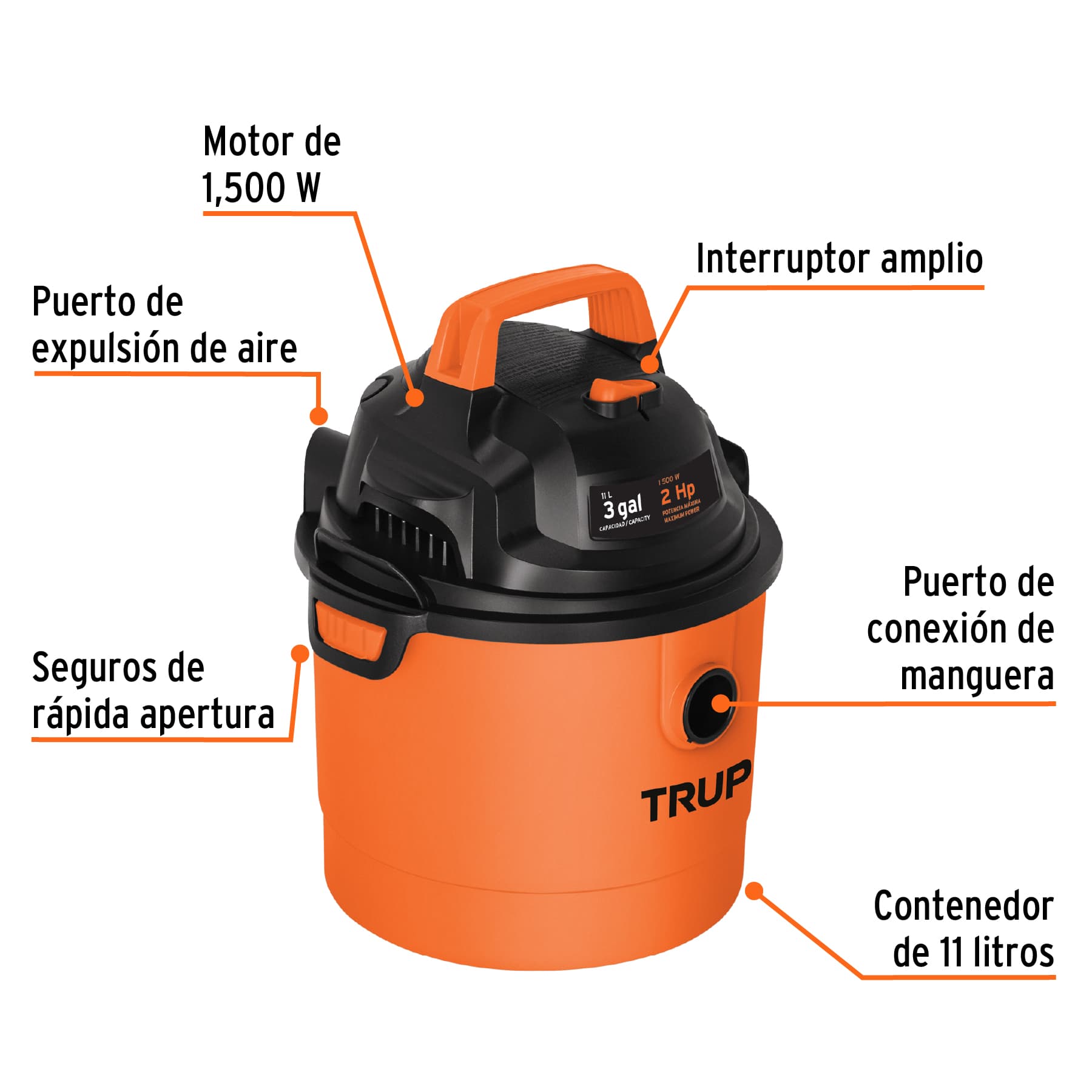 ASPIRADORA DE SÓLIDOS Y LÍQUIDOS DE 3 GAL, PLÁSTICA, TRUPER 12091