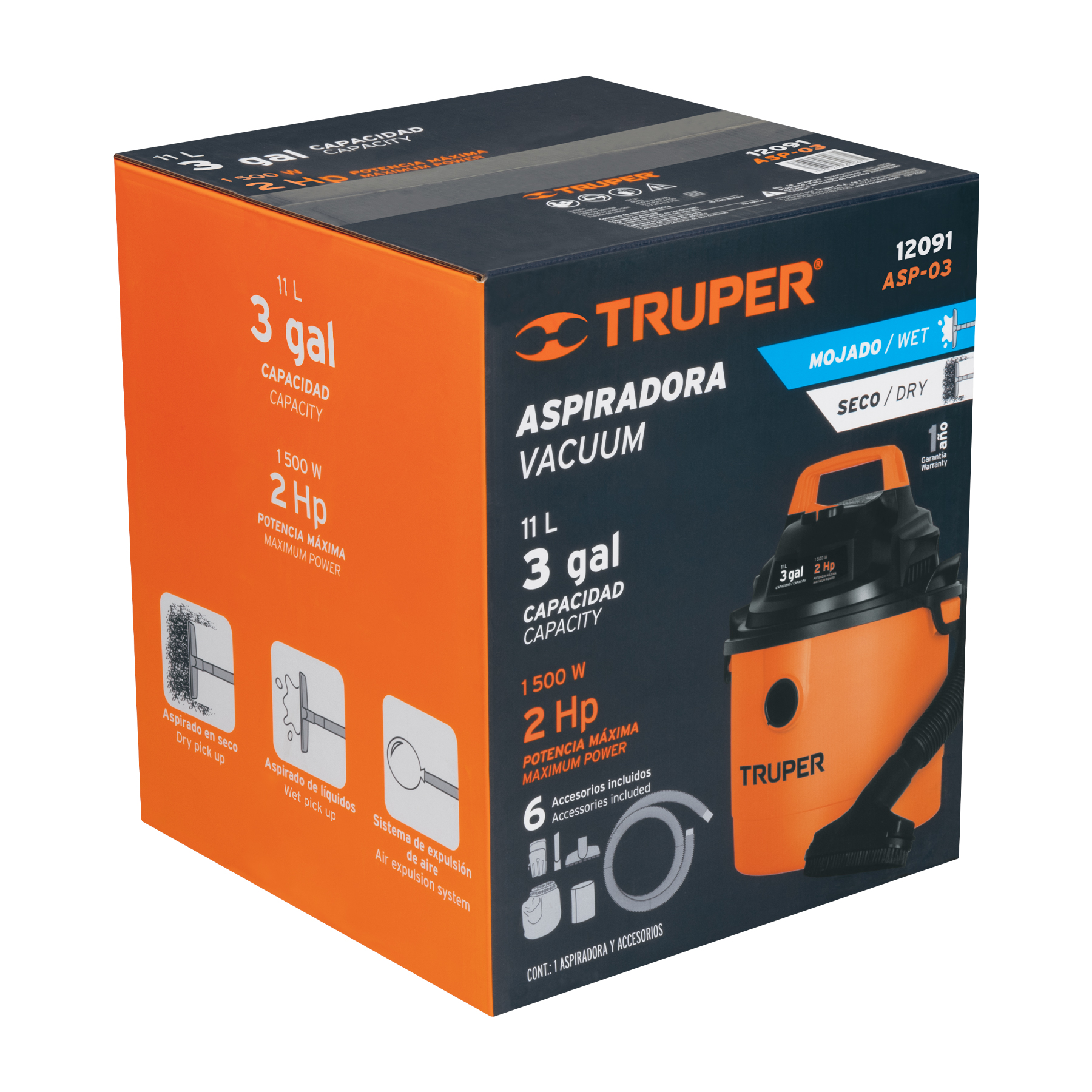 ASPIRADORA DE SÓLIDOS Y LÍQUIDOS DE 3 GAL, PLÁSTICA, TRUPER 12091