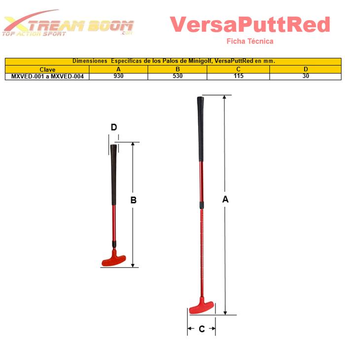 Palos de golf en miniatura pequeños MXVED-004-4 4 Pzas Rojo Ajustable 53 a 93cm Aluminio, VersaPuttRed