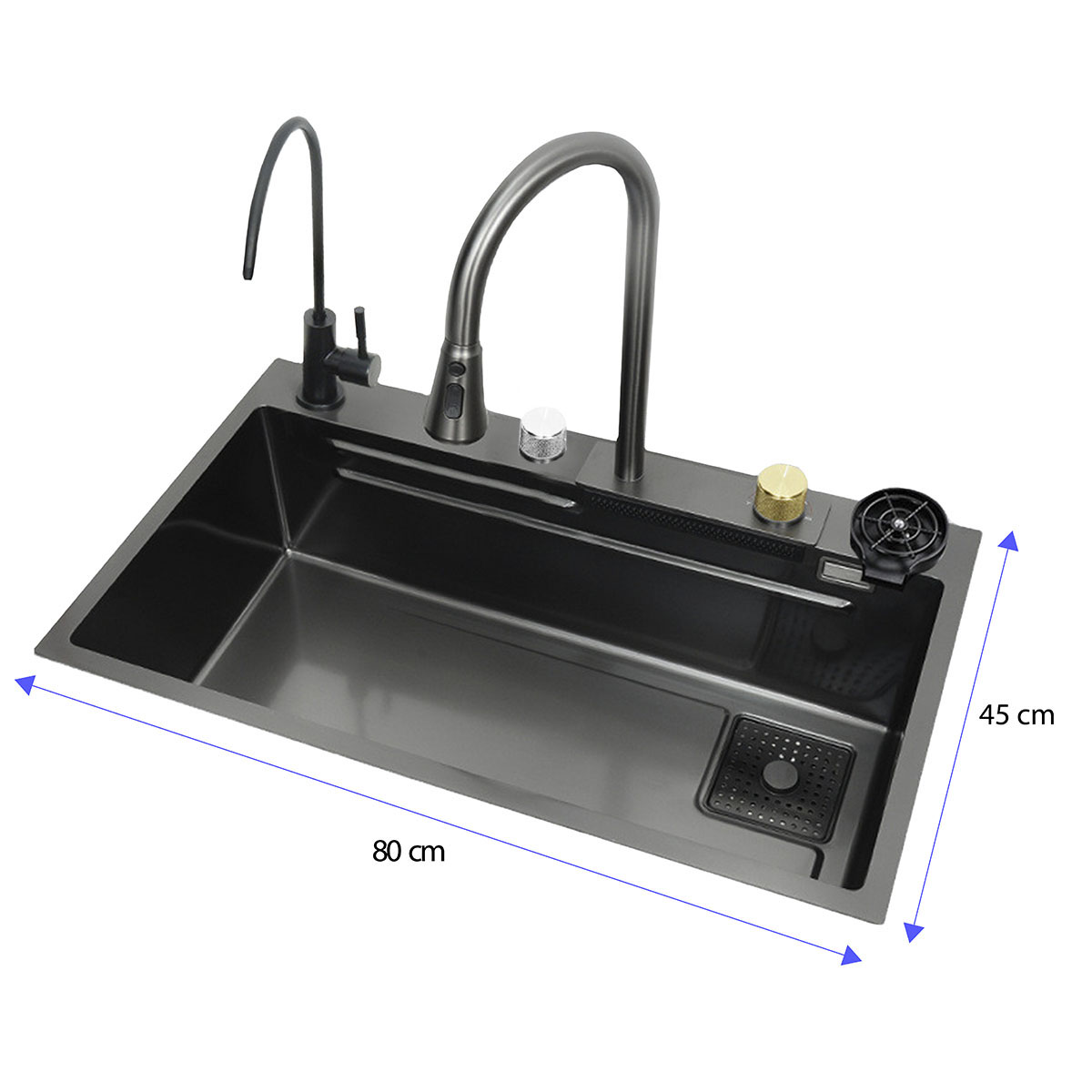 Tarja de cocina de acero inoxidable con cascada y grifo de extraible. Incluye Kit de desagüe y múltiples accesorios 80x45 cm.