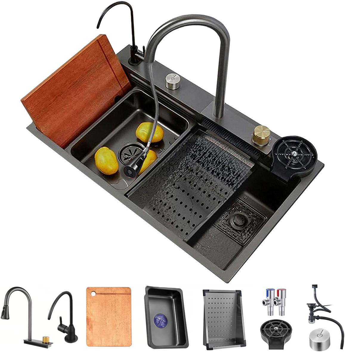 Tarja de cocina de acero inoxidable con cascada y grifo de extraible. Incluye Kit de desagüe y múltiples accesorios 68x45 cm