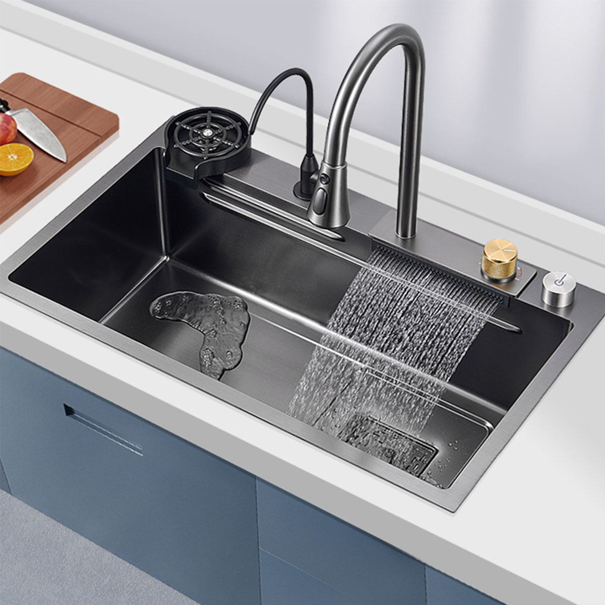 Tarja de cocina de acero inoxidable con cascada y grifo de extraible. Incluye Kit de desagüe y múltiples accesorios 68x45 cm