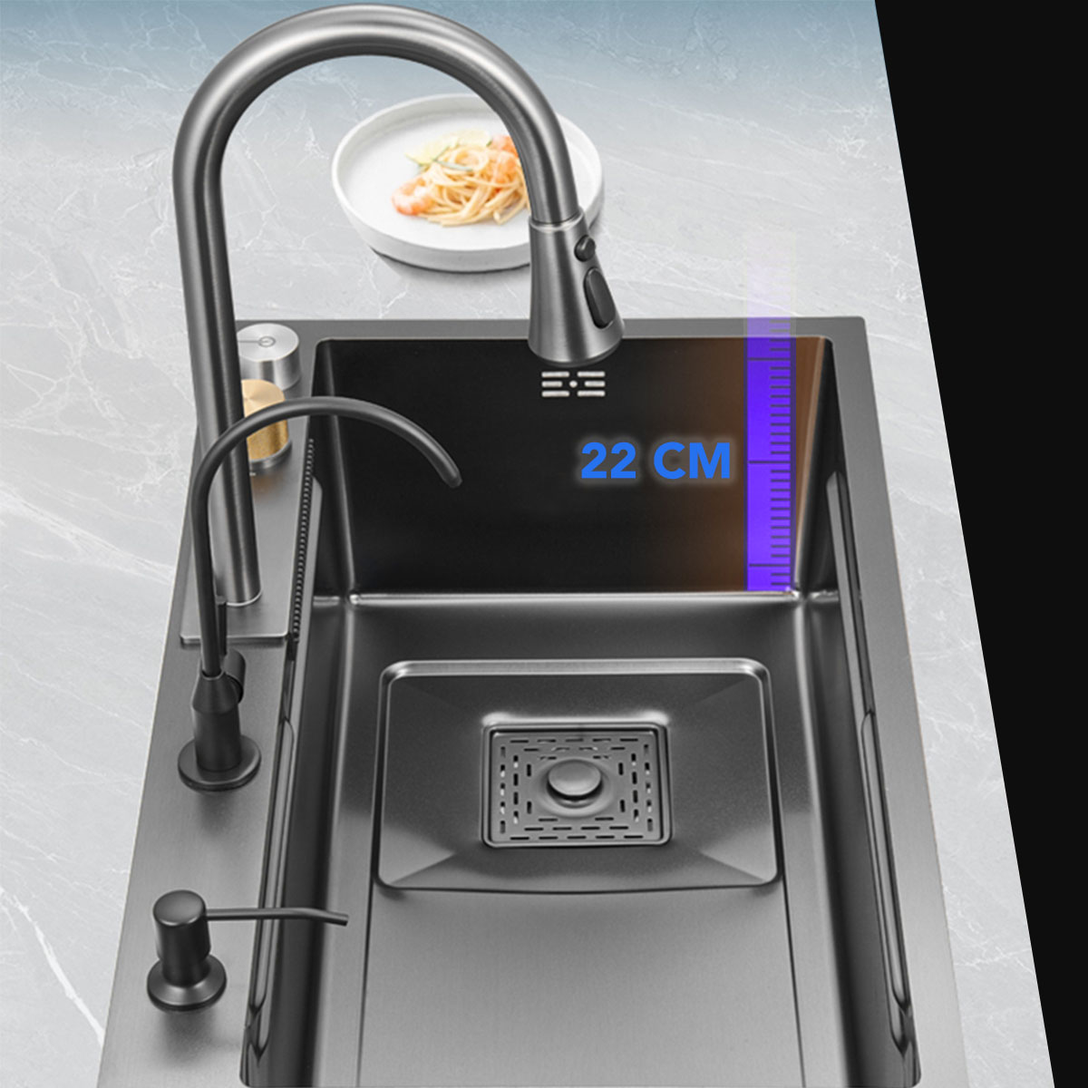 Tarja de cocina de acero inoxidable con cascada y grifo de extraible. Incluye Kit de desagüe y múltiples accesorios 68x45 cm