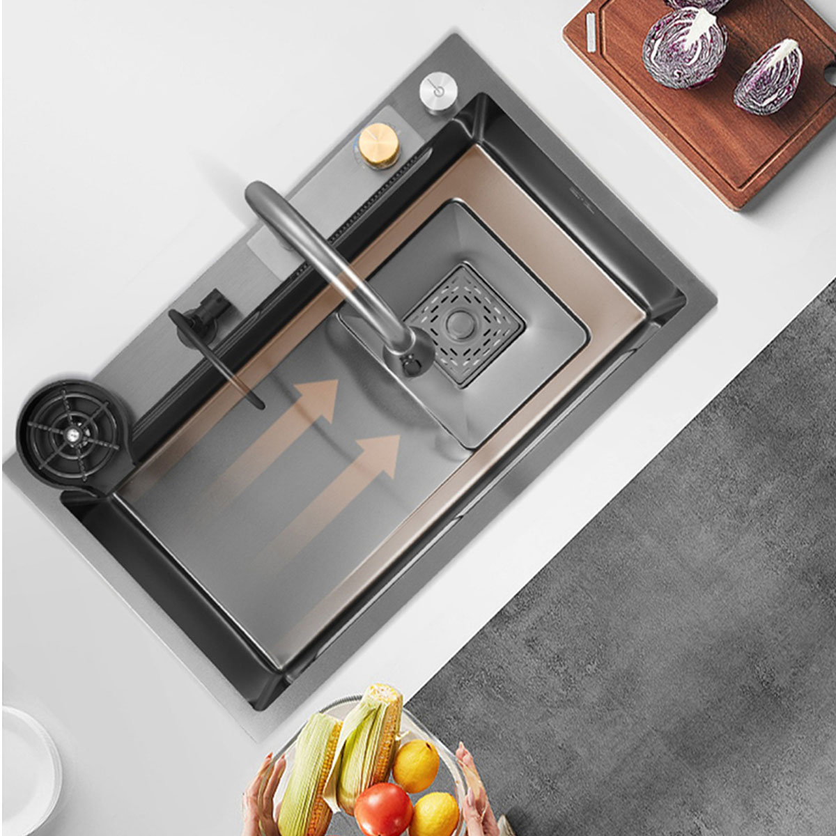 Tarja de cocina de acero inoxidable con cascada y grifo de extraible. Incluye Kit de desagüe y múltiples accesorios 68x45 cm