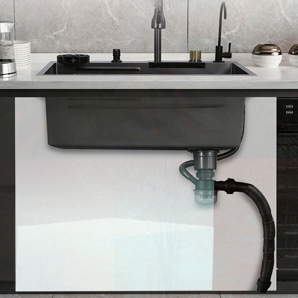 Tarja de cocina de acero inoxidable con cascada y grifo de extraible. Incluye Kit de desagüe y múltiples accesorios 68x45 cm