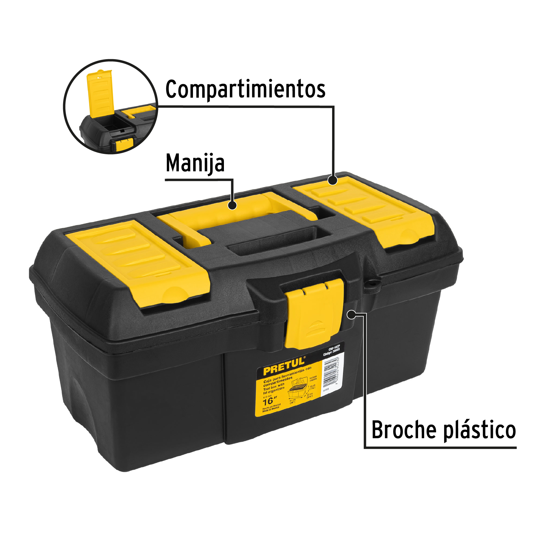CAJA PARA HERRAMIENTA DE 16" CON COMPARTIMENTOS, PRETUL 20603