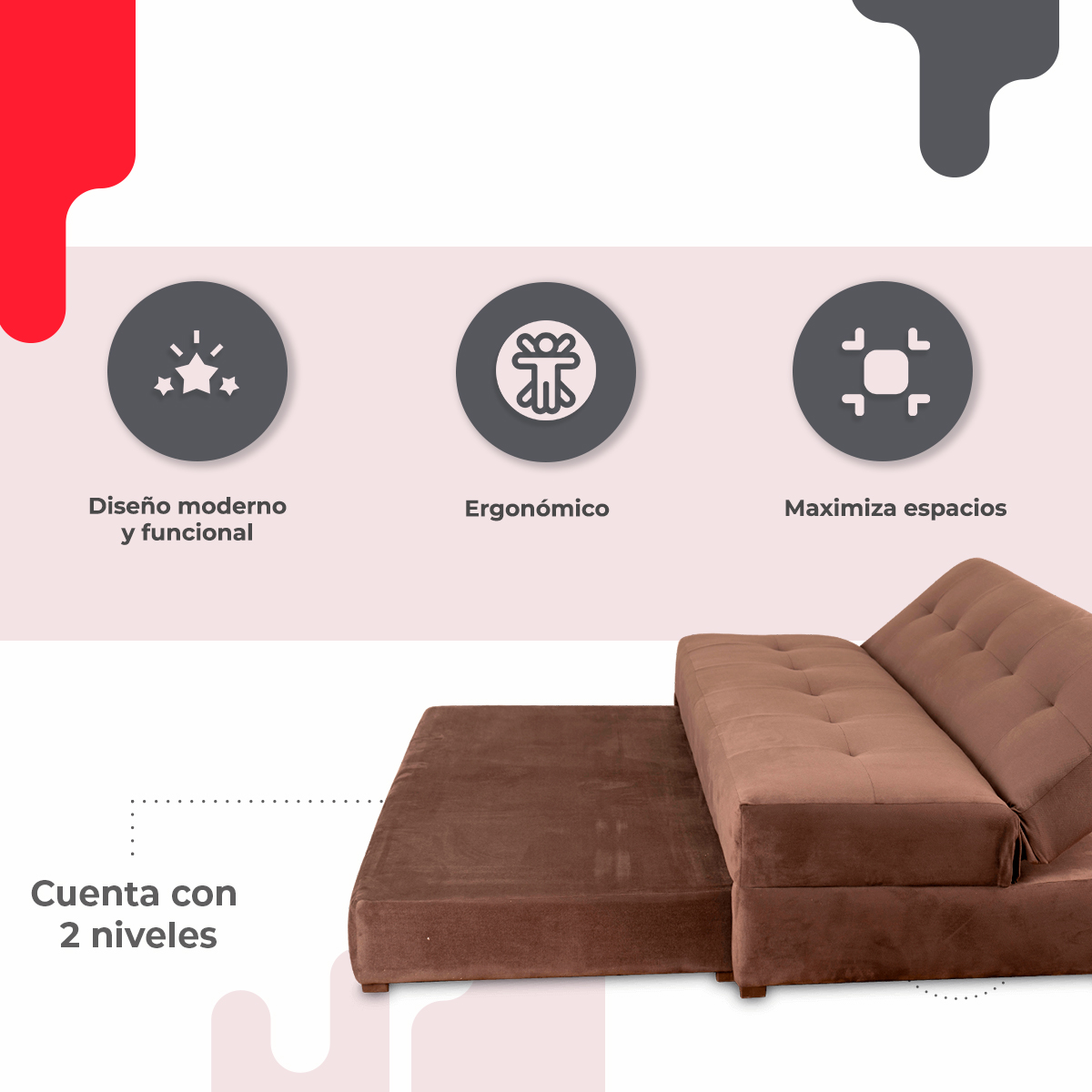Sofa cama reclinable Modelo Mateo color Cafe para dos personas incluye Colchon inferior adicional