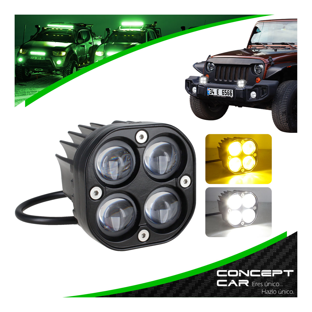 Faro Cuadrado Auxiliar 4 Led Lupa Bicolor Estrobo 12-24v