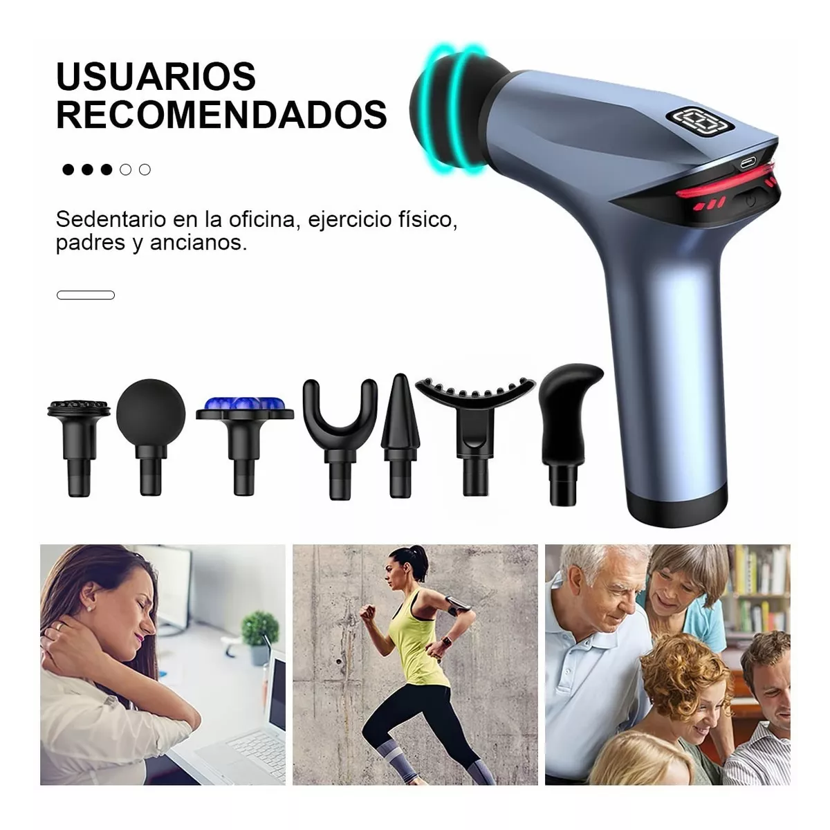 Pistola Masajeadora De Músculos 8 Velocidades Con 7 Cabeza Gris