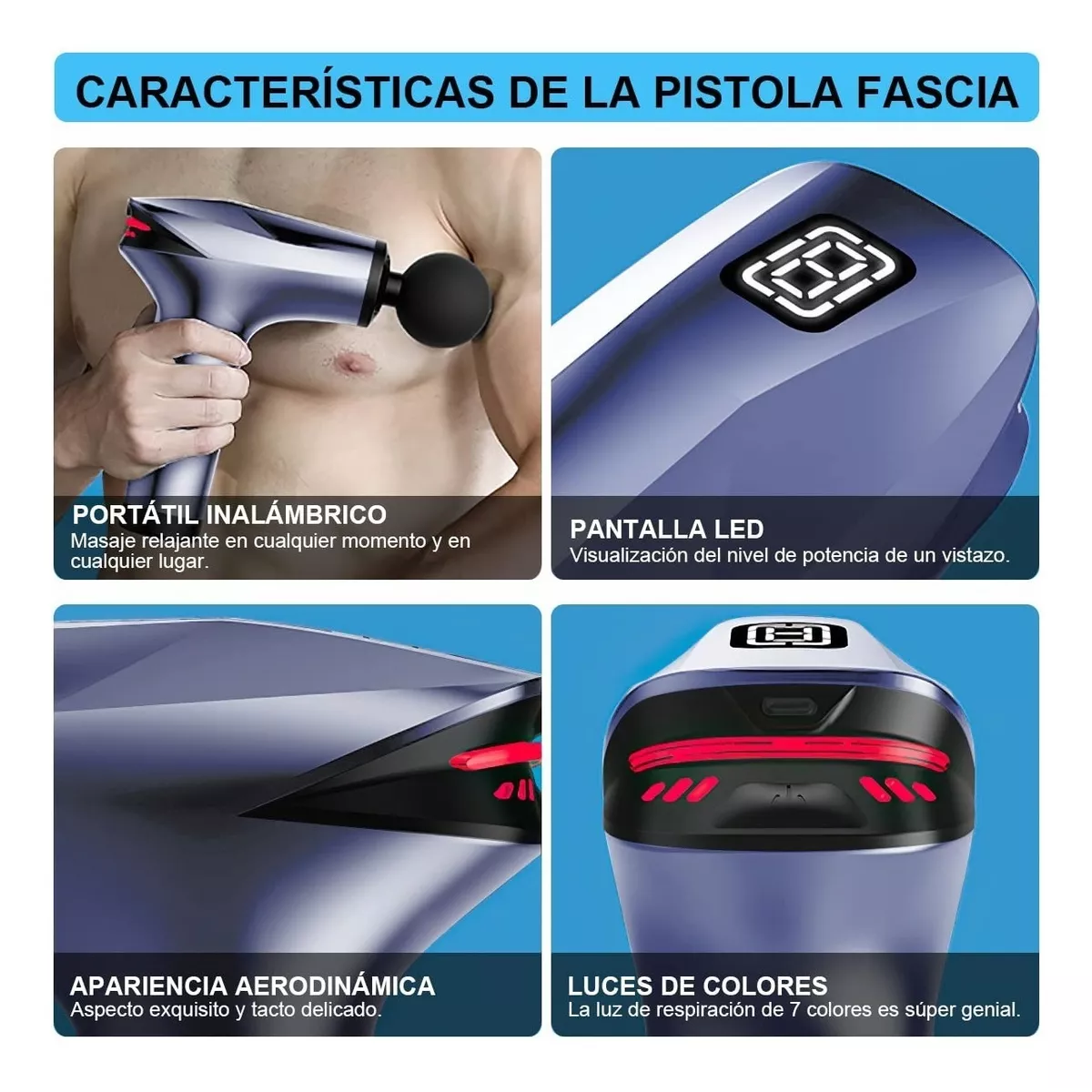 Pistola Masajeadora De Músculos 8 Velocidades Con 7 Cabeza Gris