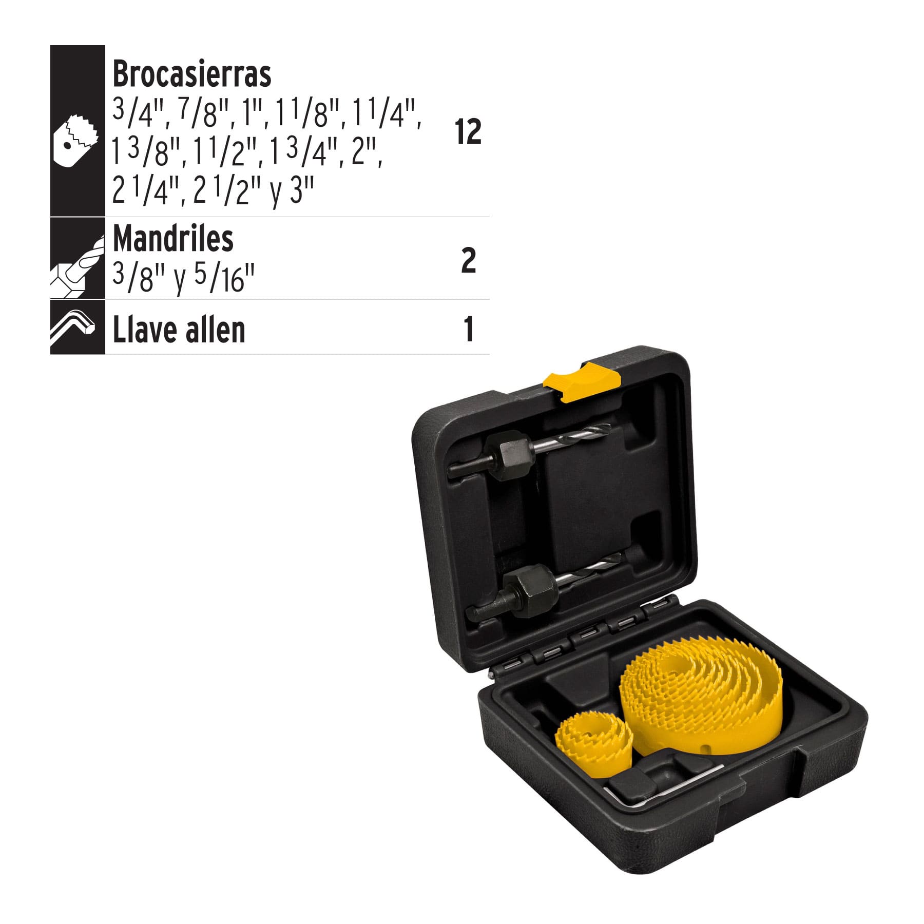 JUEGO DE 12 BROCASIERRAS, 2 MANDRILES Y LLAVE ALLEN, PRETUL