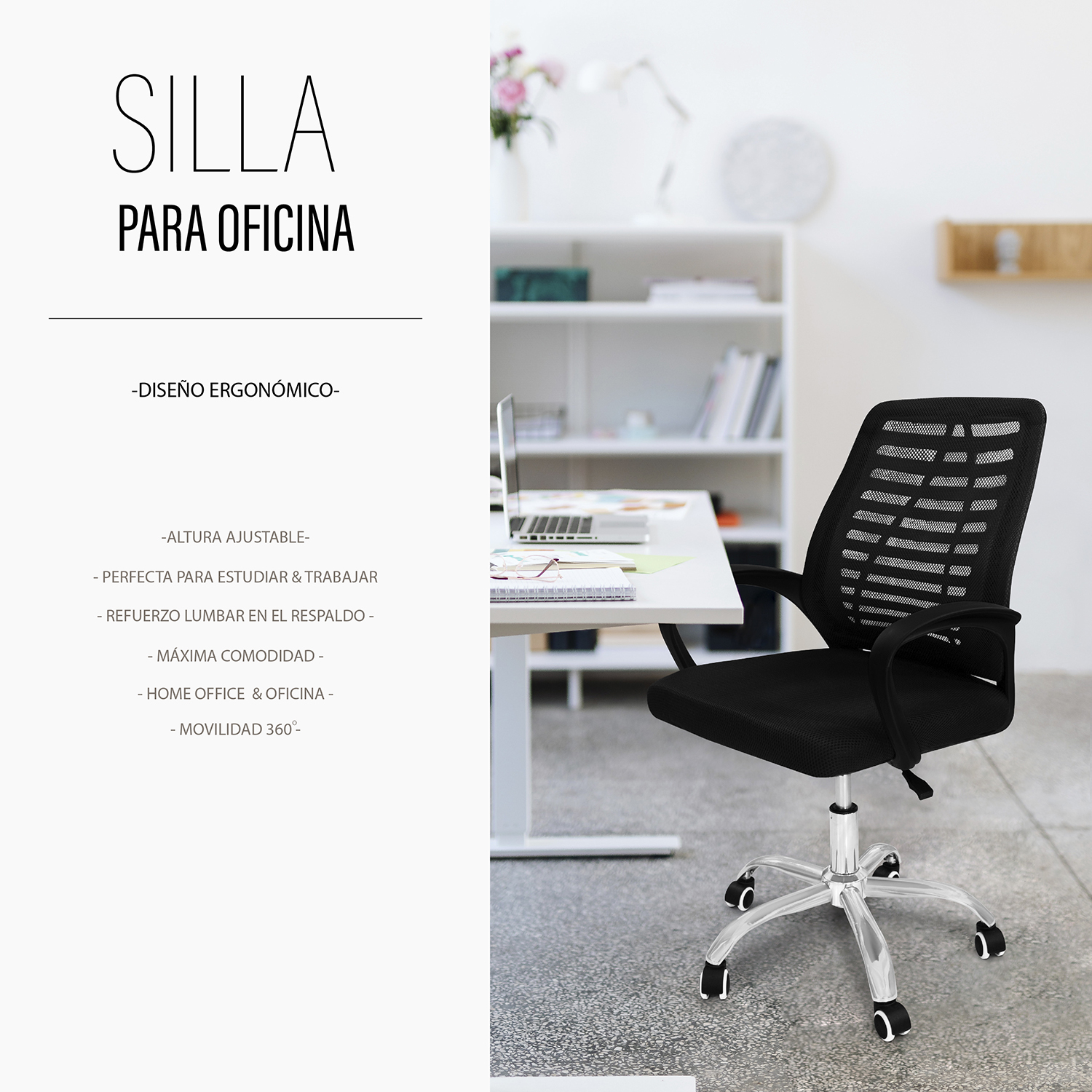 Silla giratoria para Oficina en Color Negro 
