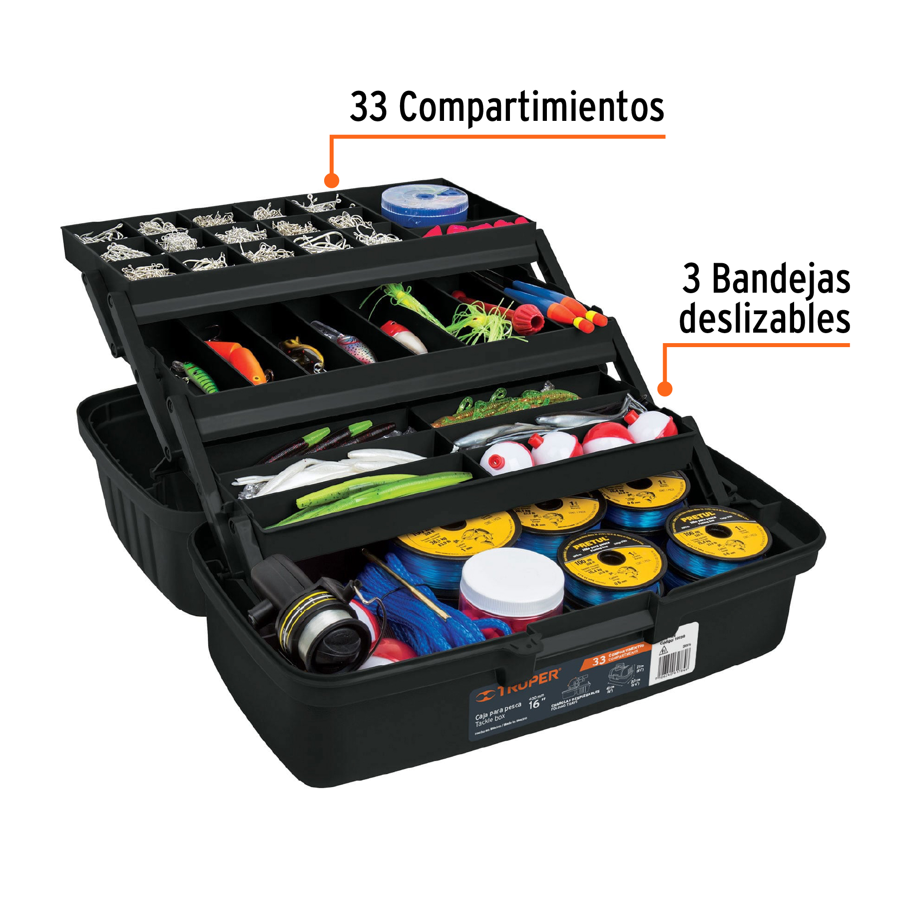 CAJA PARA PESCA DE 16" CON 3 BANDEJAS DESLIZABLES, TRUPER