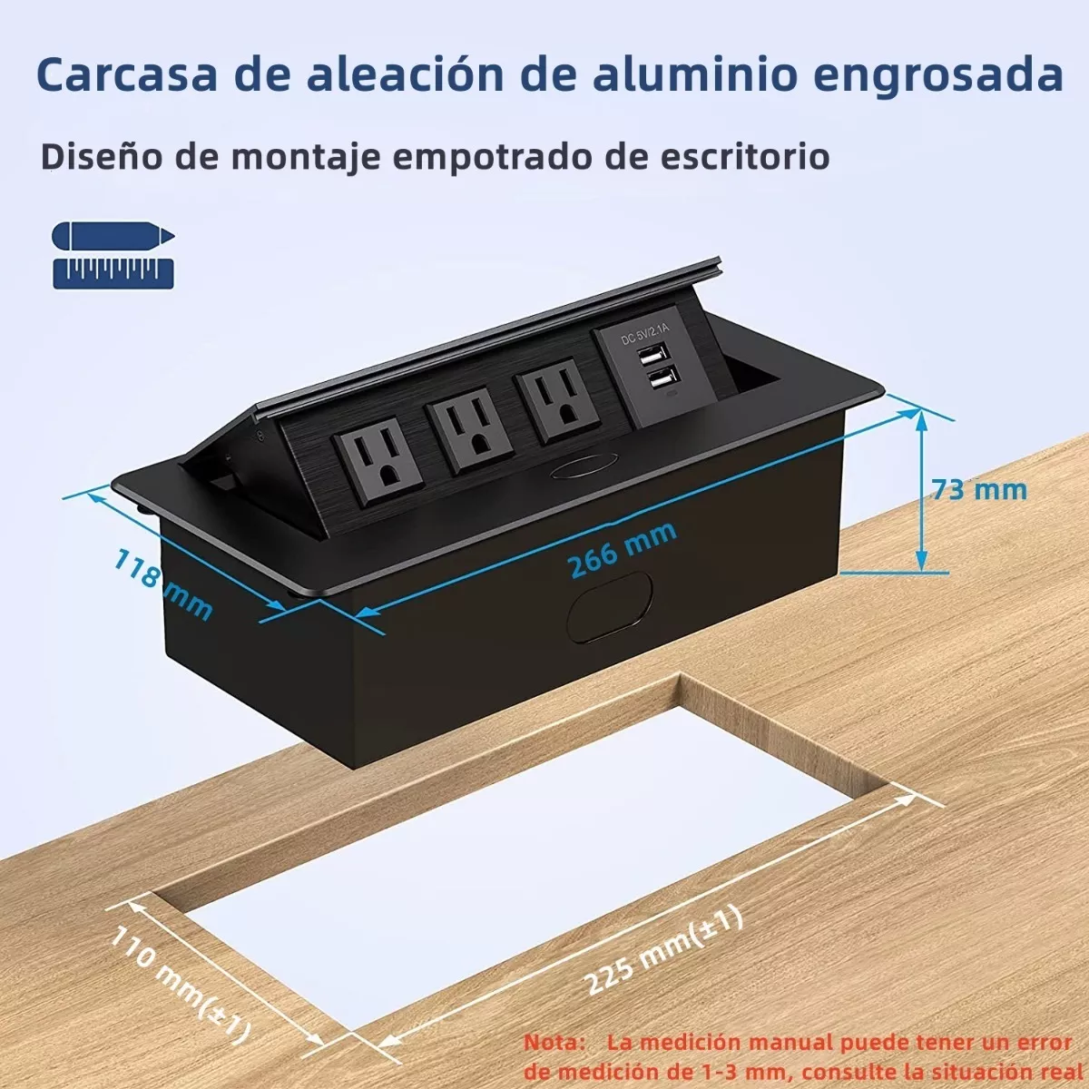 Enchufe Escritorio Embebido Placa De Contactos Y Usb Negro