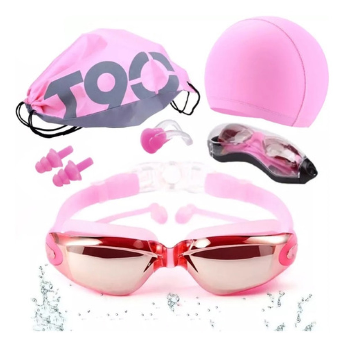 Set Natación, Gogles+gorra+clip Nariz+tapones+bolsa Rosa