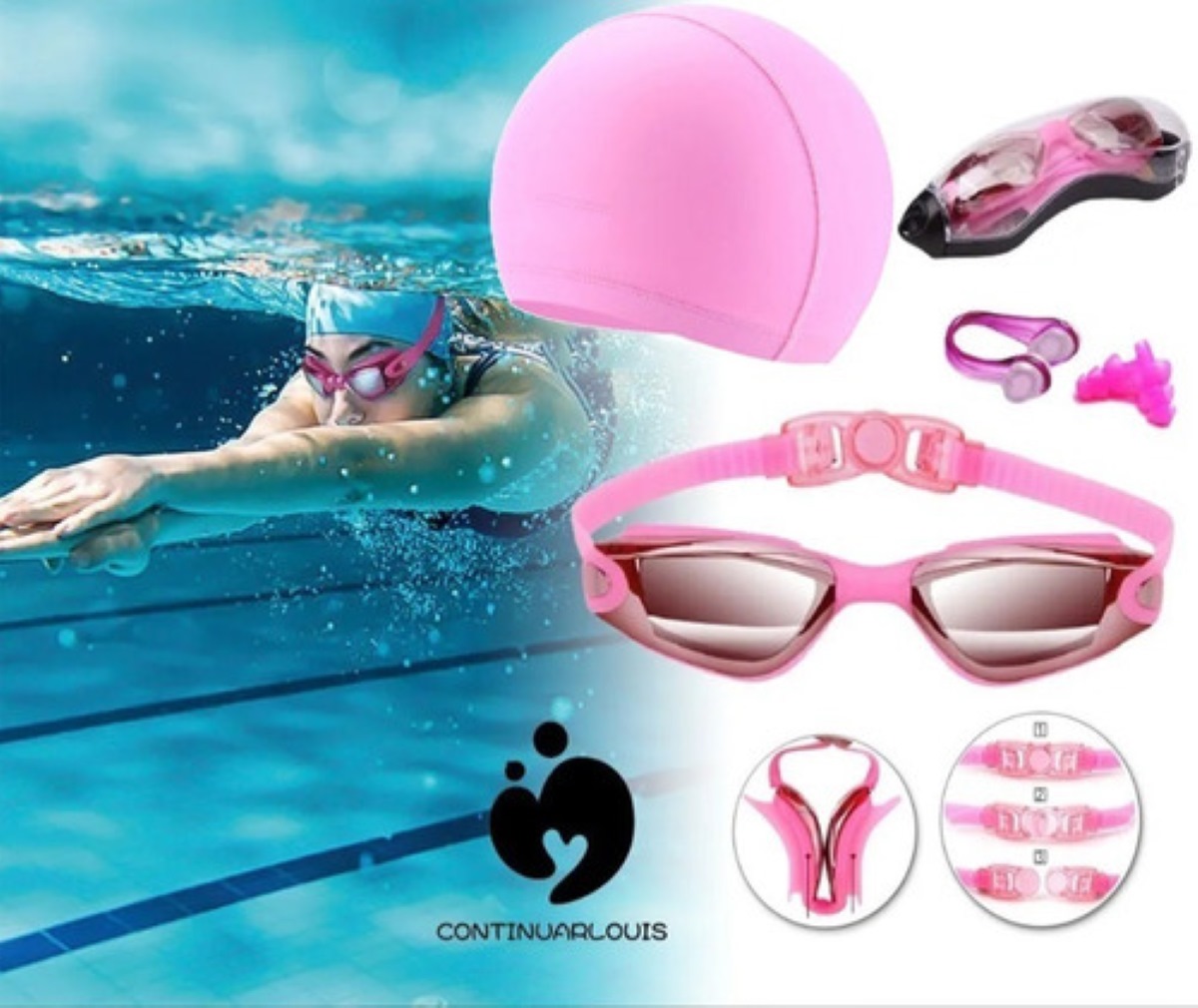 Set Natación, Gogles+gorra+clip Nariz+tapones+bolsa Rosa