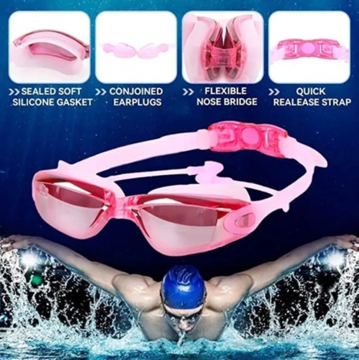 Set Natación, Gogles+gorra+clip Nariz+tapones+bolsa Rosa