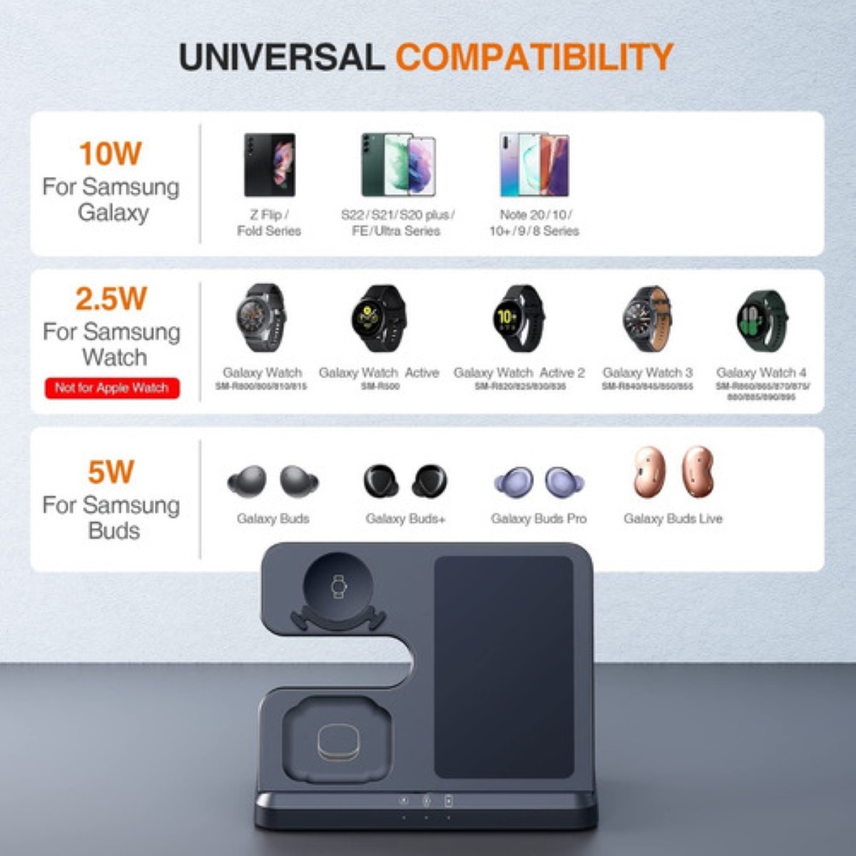 Cargador Inalámbrico Para Samsung Z Fold 4/3 Watch 4 Buds Negro