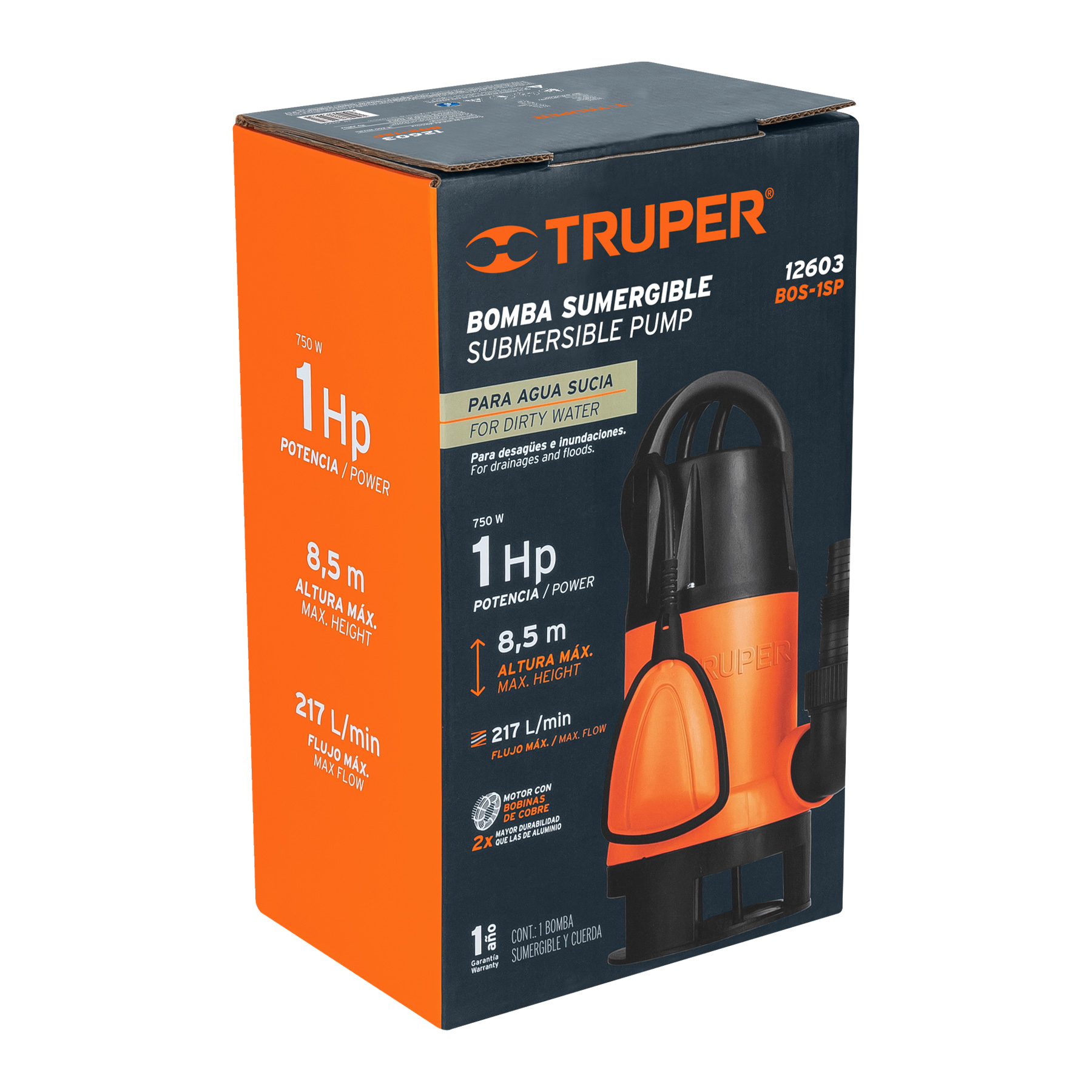 BOMBA SUMERGIBLE PLÁSTICA PARA AGUA SUCIA 1 HP, TRUPER