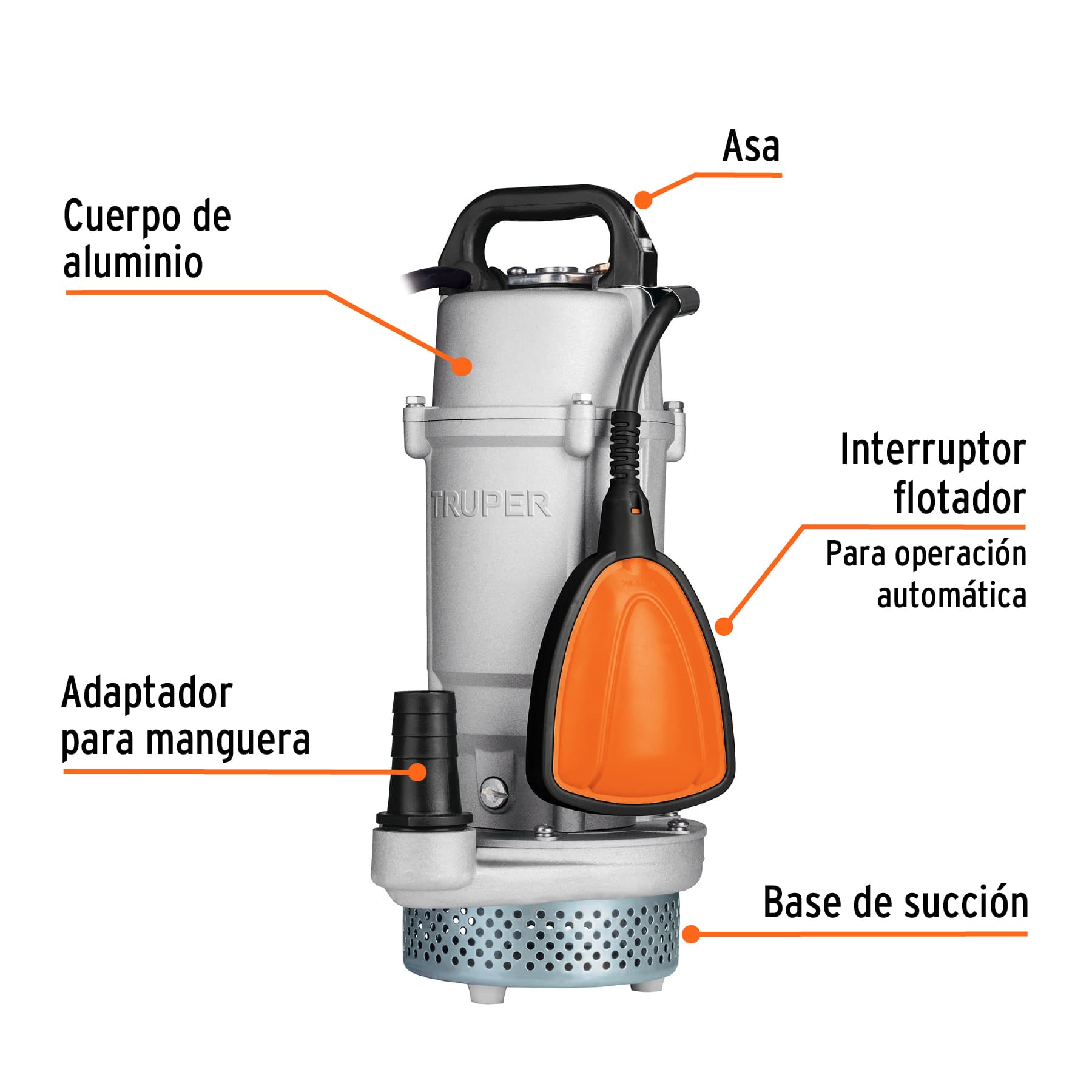 BOMBA SUMERGIBLE METÁLICA PARA AGUA LIMPIA USO RUDO 1/2 HP TRUPER