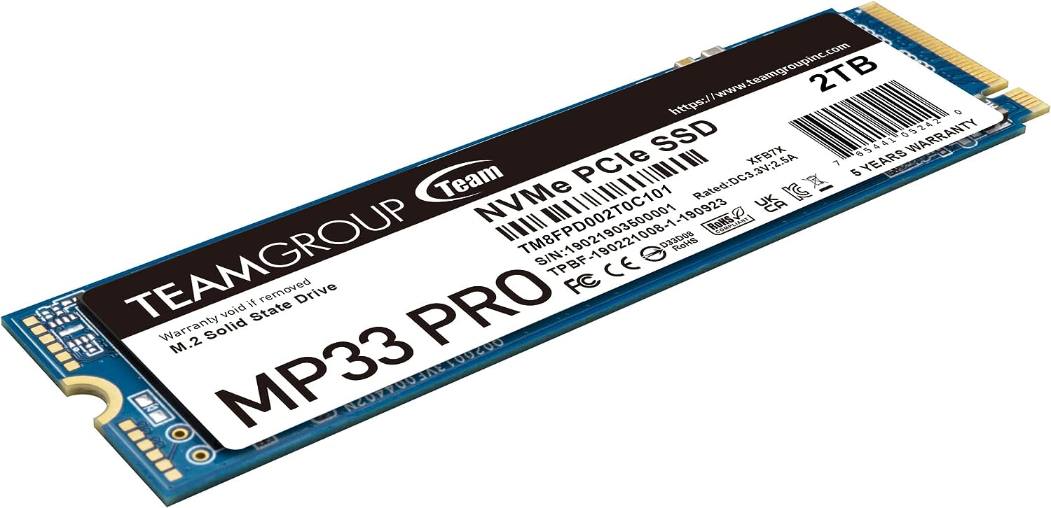 TEAMGROUP MP33 PRO 2TB M.2 PCIe 2280 NVMe 1.3 SSD interno, hasta 2100 MB/s Gen3x4 unidad de estado sólido