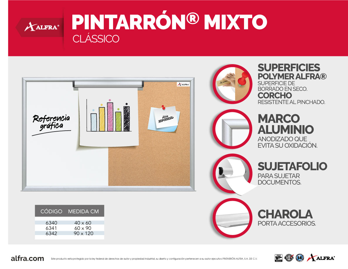 Pizarra Pintarrón Corcho Mixto Modelo Clásico Alfra 90x120 cm