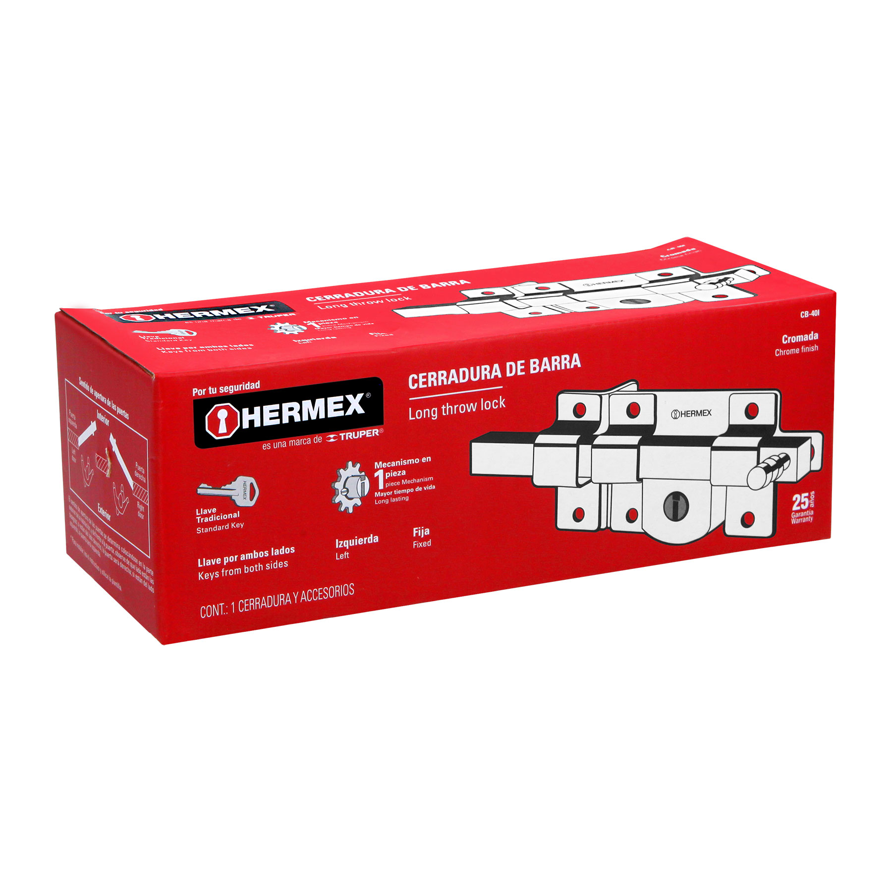 CERRADURA DE BARRA FIJA, IZQUIERDA, HERMEX