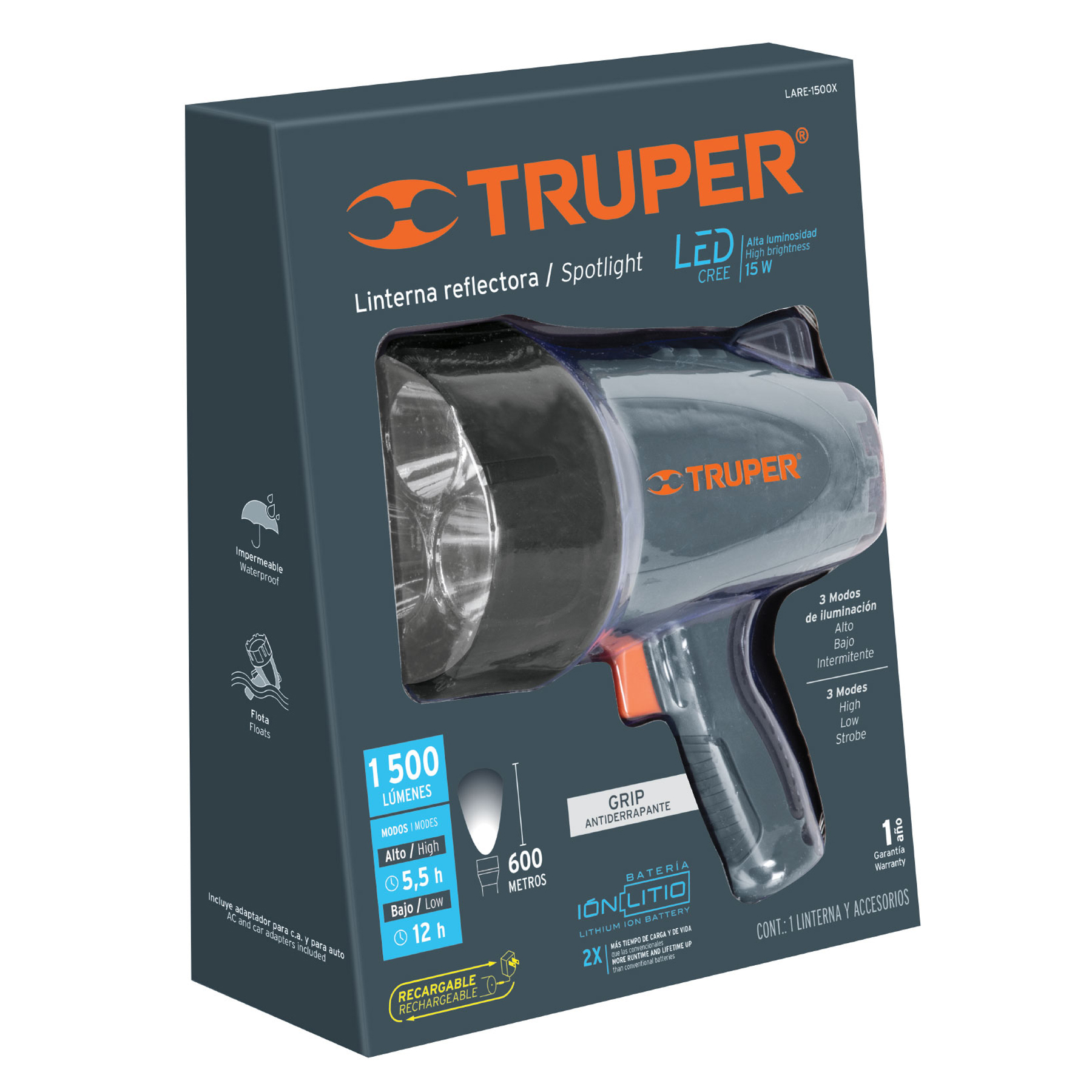 LÁMPARA RECARGABLE DE LED 1500 LM ALTA POTENCIA, TRUPER 