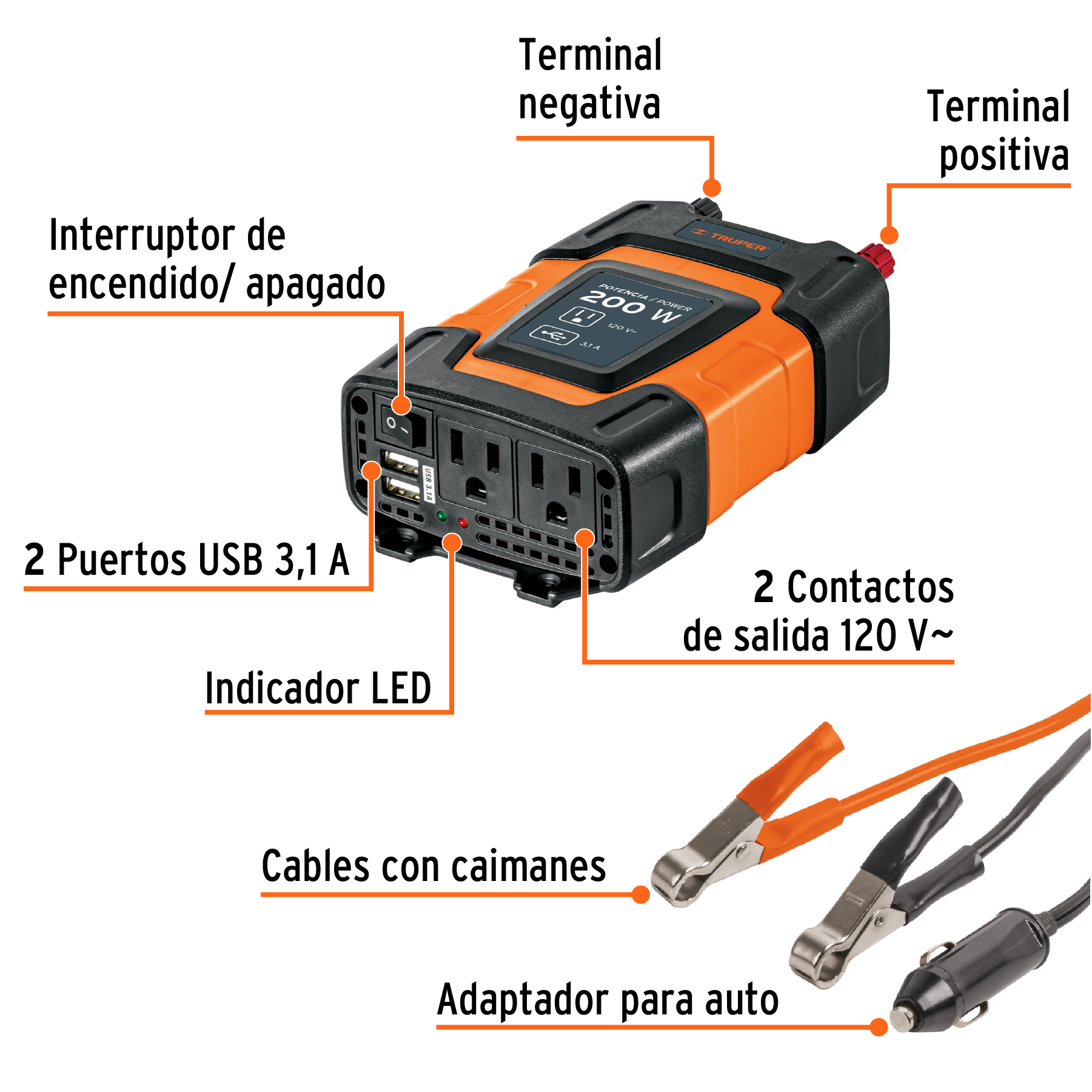 INVERSOR DE CORRIENTE 200 W, TRUPER