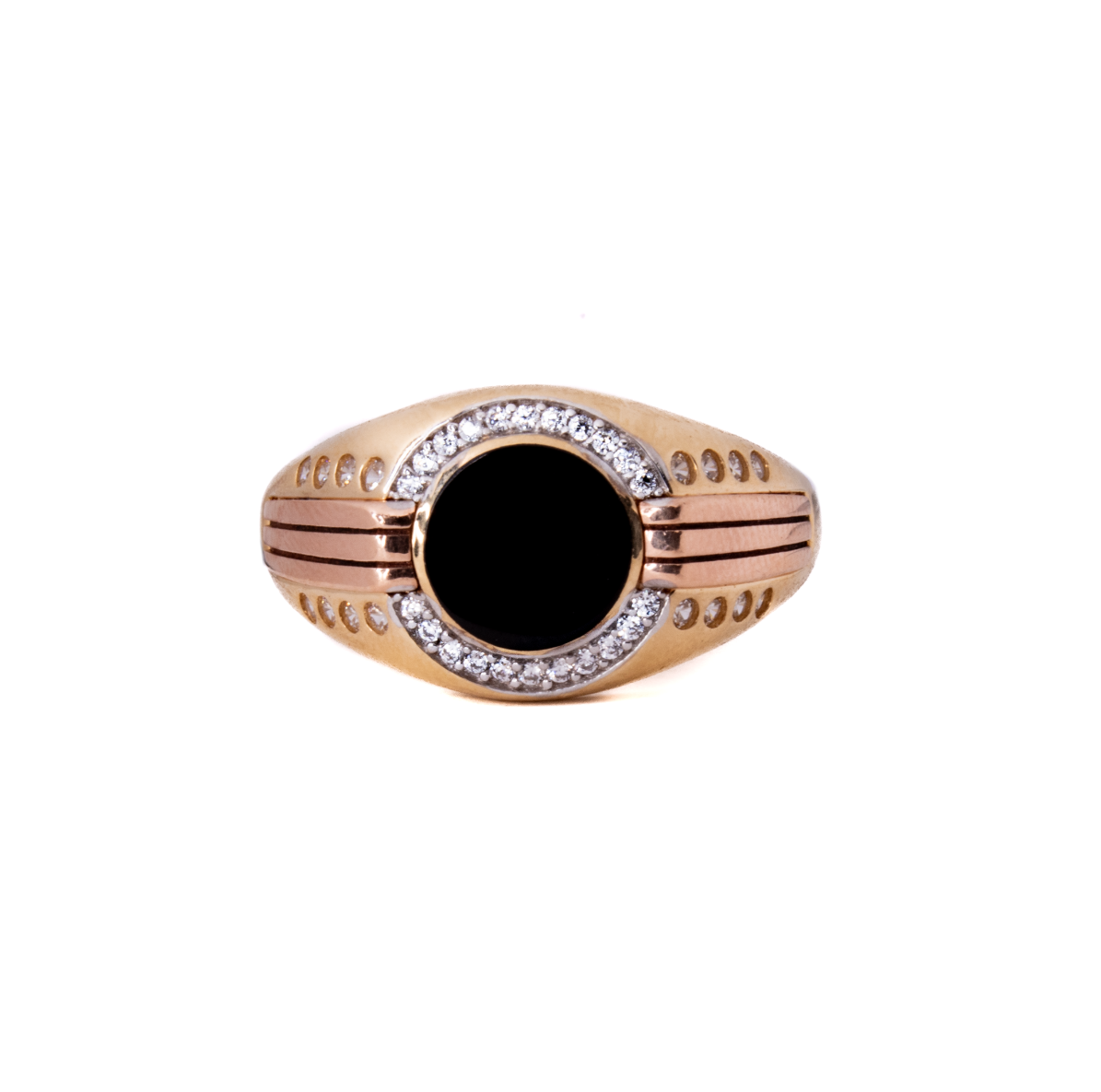 Anillo Círculo Negro y Circonias Oro 14 Kilates.