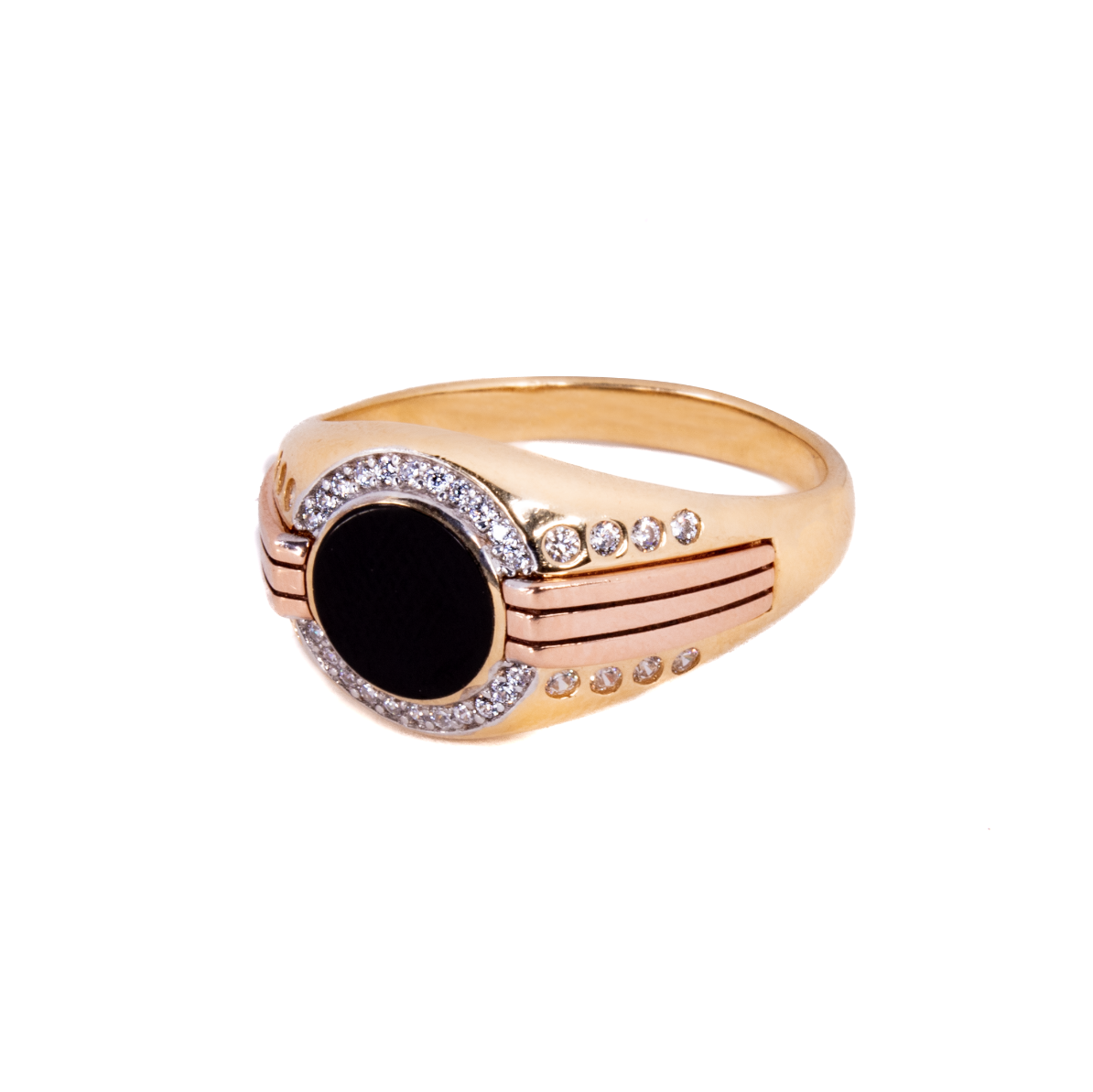Anillo Círculo Negro y Circonias Oro 14 Kilates.