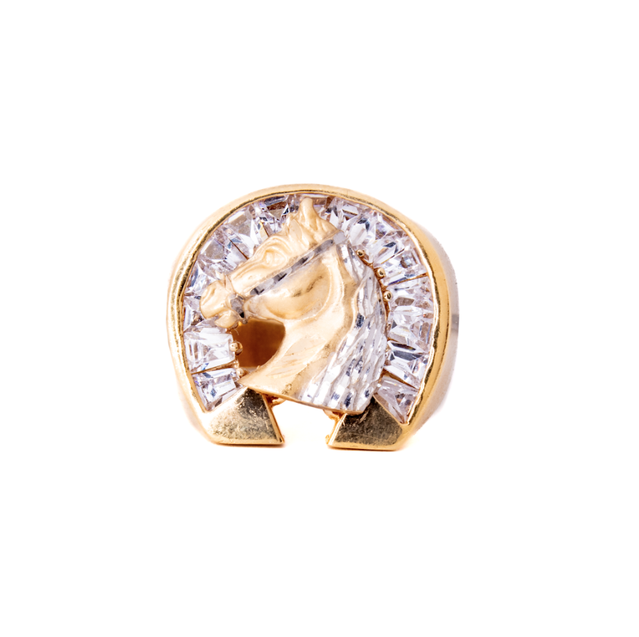 Anillo Herradura y Caballo con Circonias Oro 14 Kilates.