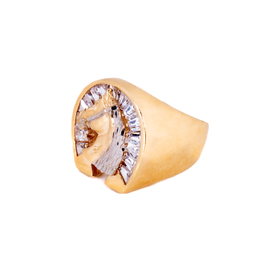 Anillo Herradura y Caballo con Circonias Oro 14 Kilates.