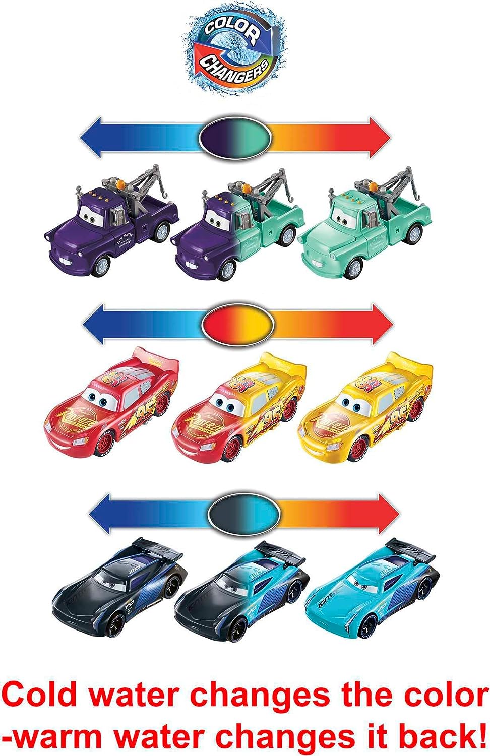 Cars Paquete De 3 COLOR CHANGER Rayo Mcqueen Mate Y JACKSON STORM