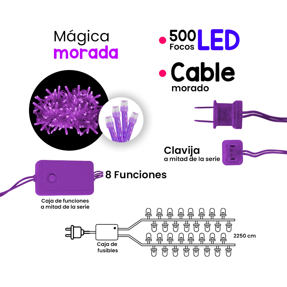 Serie de Luces Navideña 500 Led Luz Morada 22 Mts Cable Morado